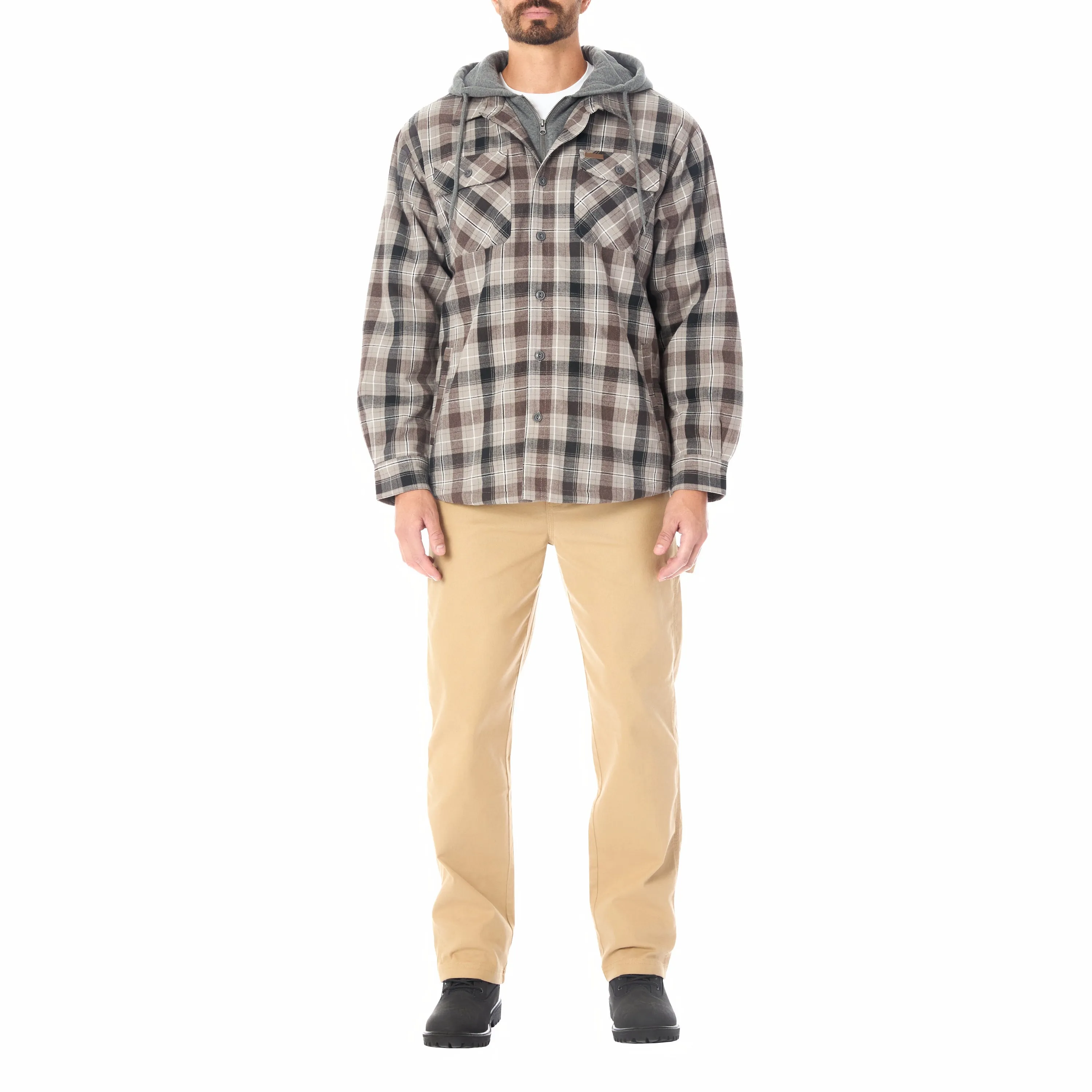 SHERPA LINED HOODED FLANNEL SHIRT JACKET WITH INSET