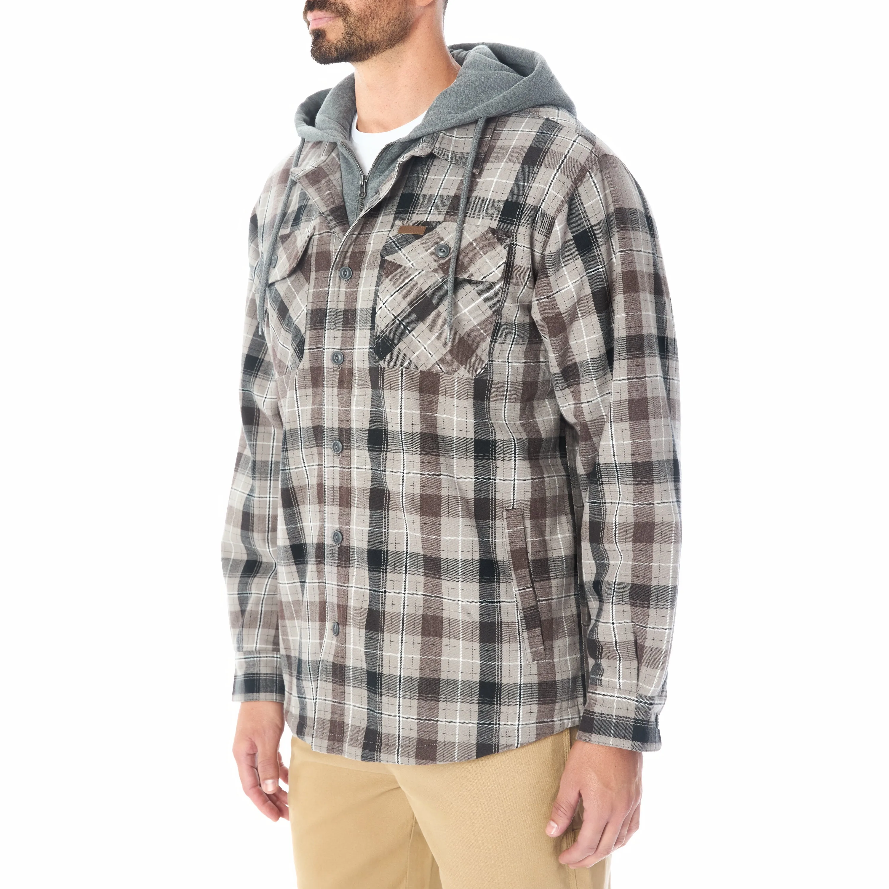 SHERPA LINED HOODED FLANNEL SHIRT JACKET WITH INSET