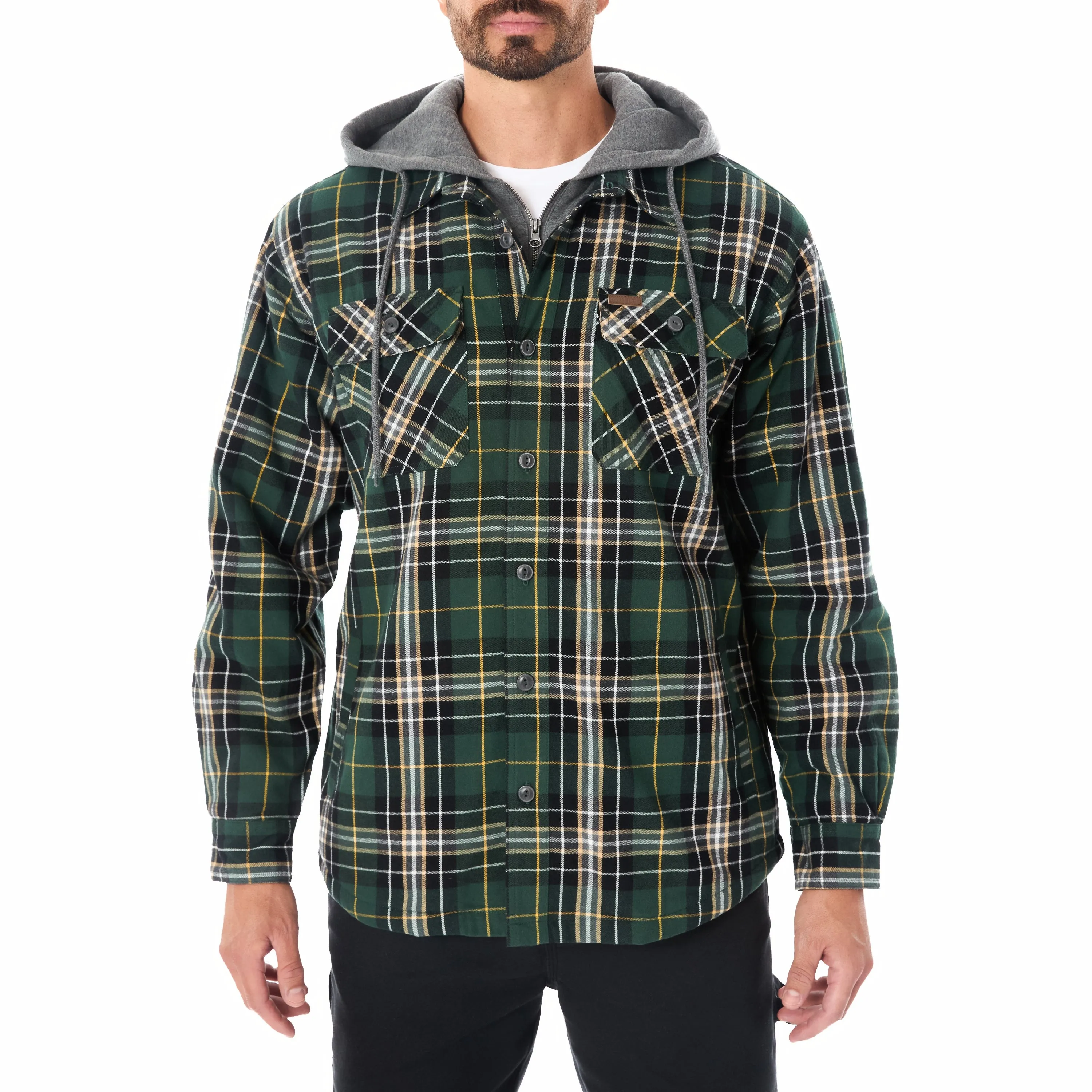 SHERPA LINED HOODED FLANNEL SHIRT JACKET WITH INSET