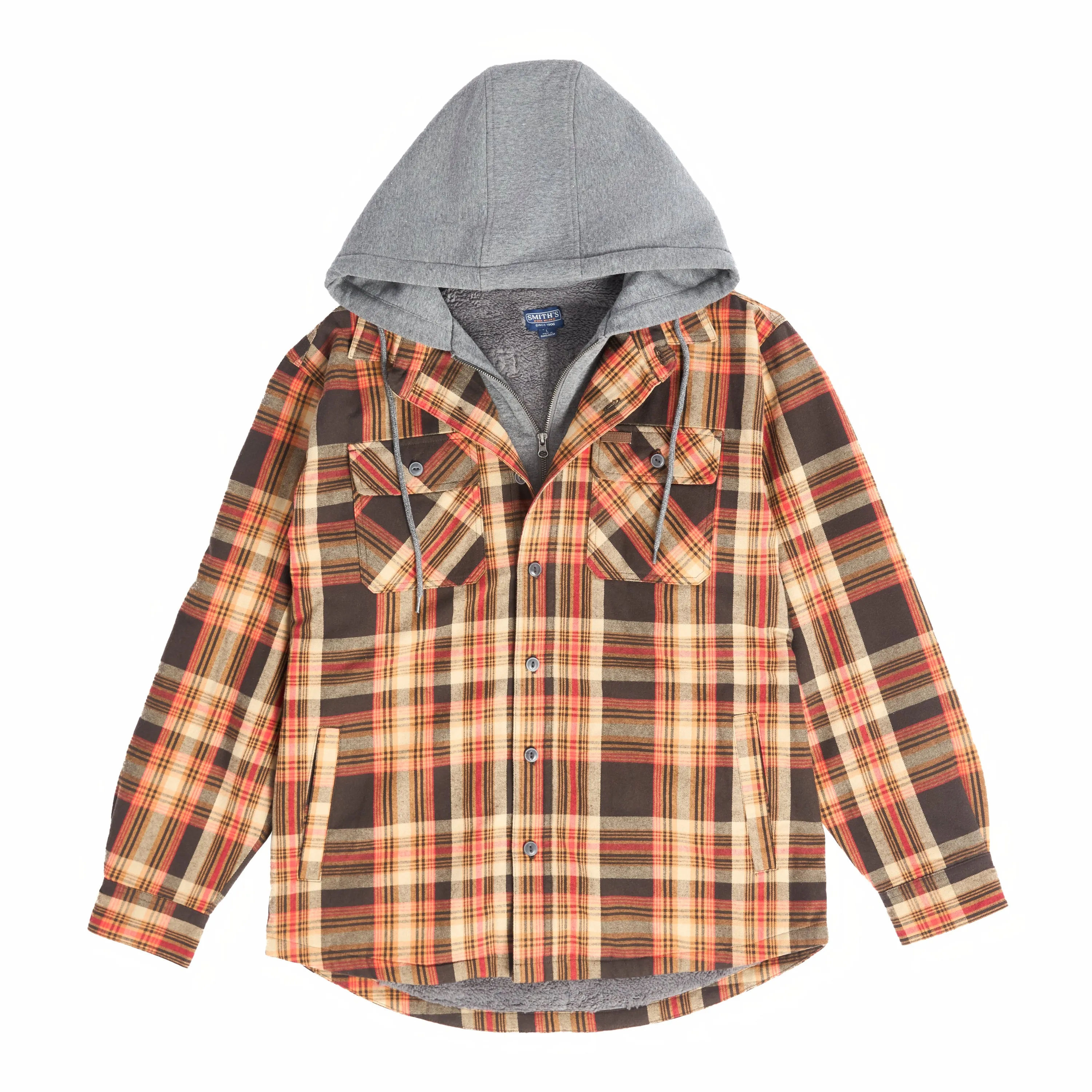 SHERPA LINED HOODED FLANNEL SHIRT JACKET WITH INSET