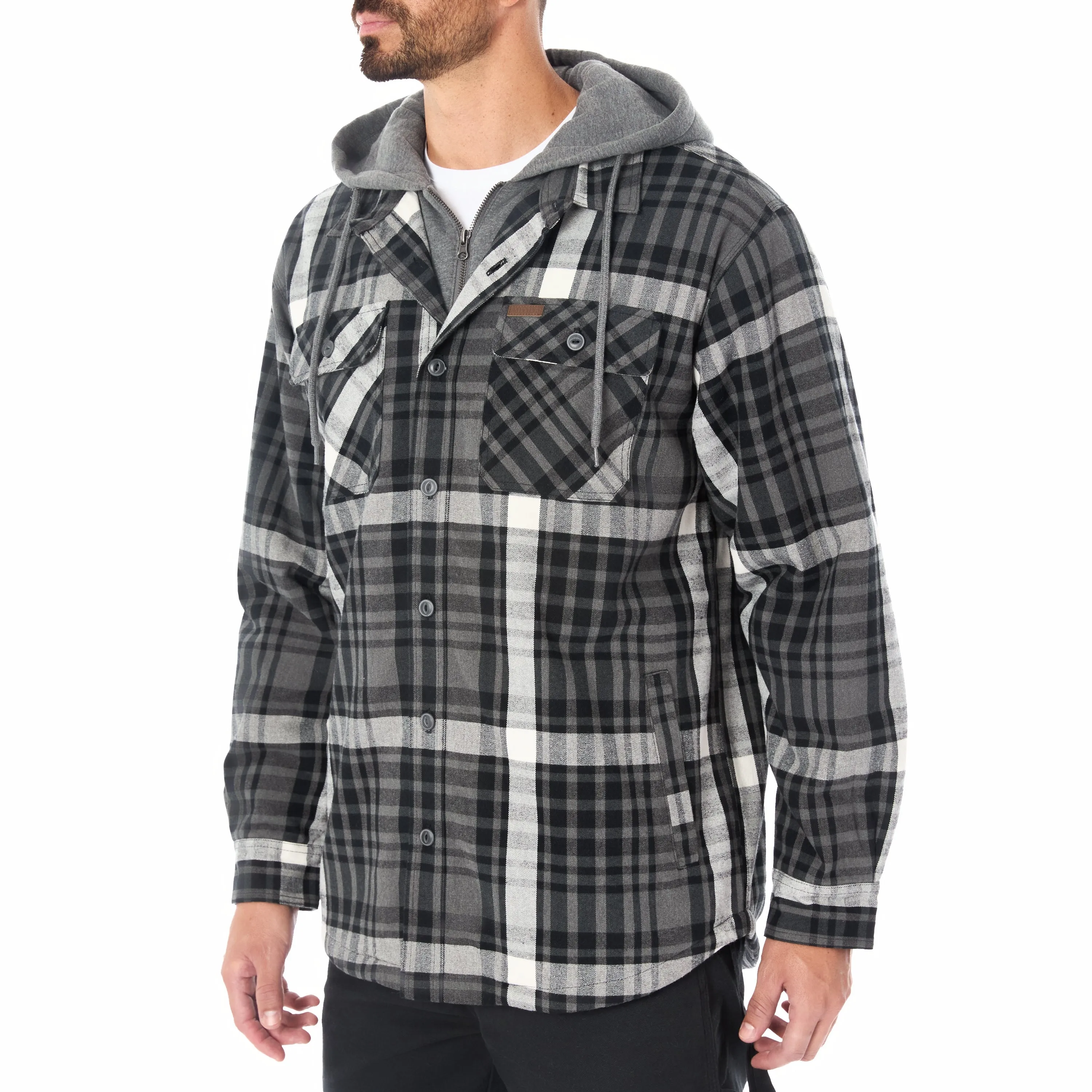 SHERPA LINED HOODED FLANNEL SHIRT JACKET WITH INSET