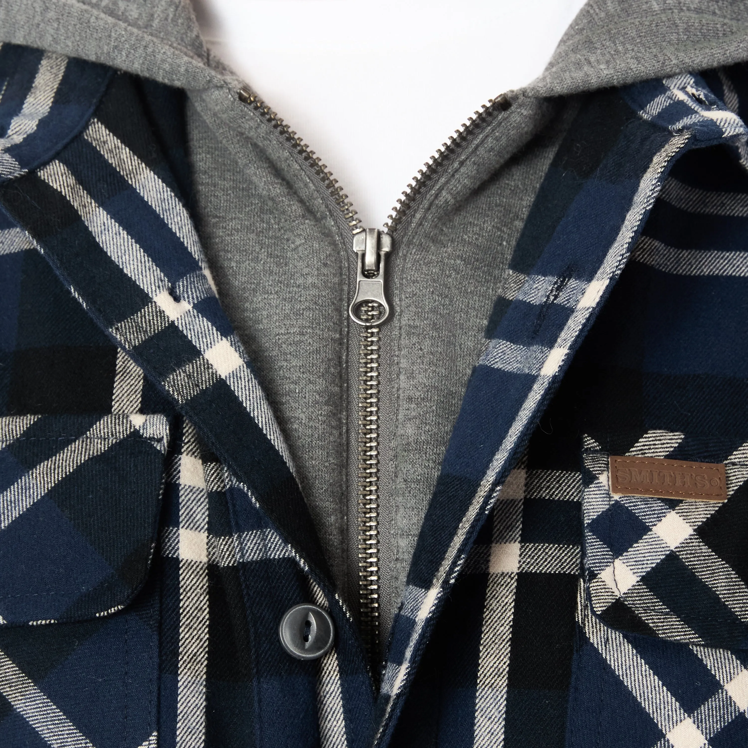 SHERPA LINED HOODED FLANNEL SHIRT JACKET WITH INSET