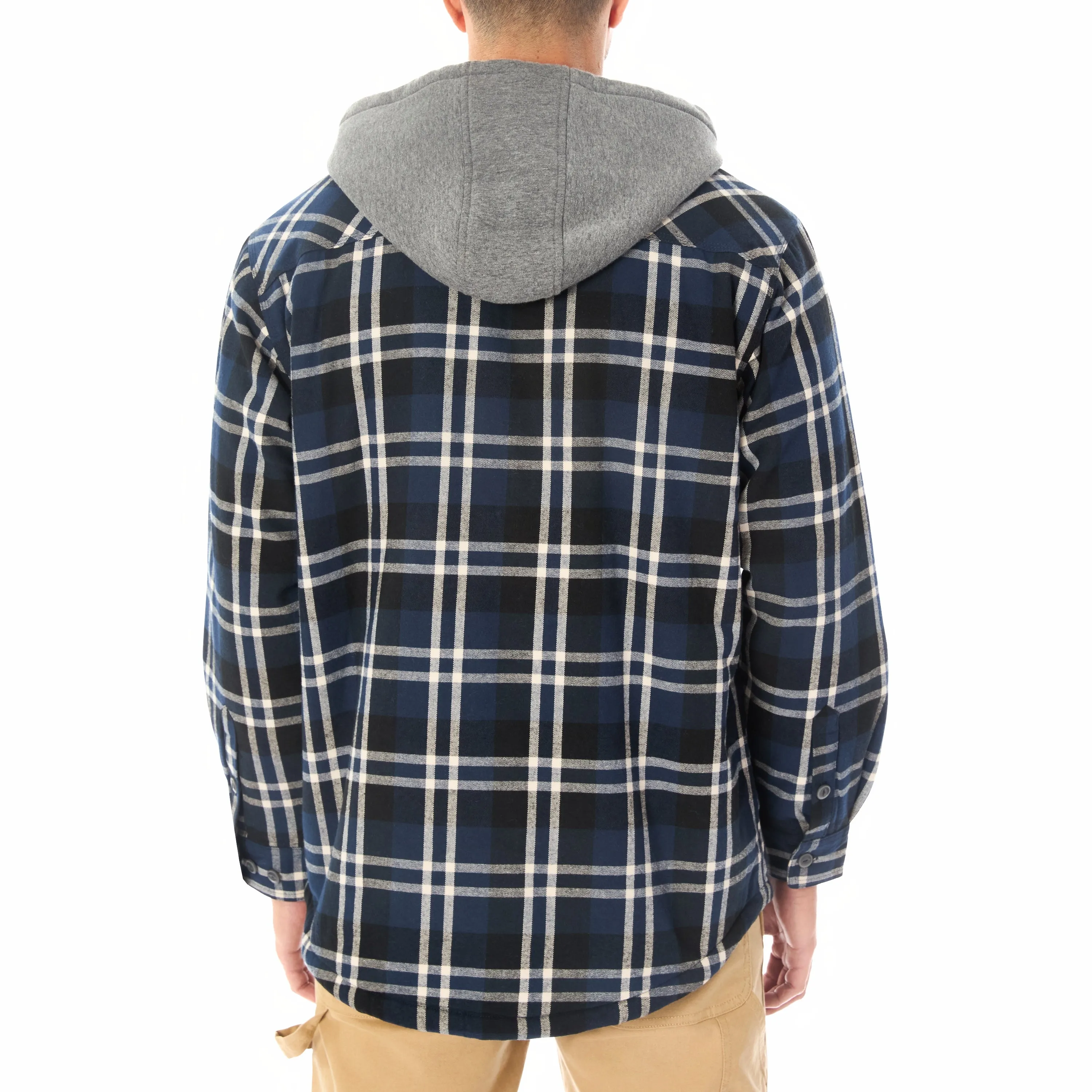 SHERPA LINED HOODED FLANNEL SHIRT JACKET WITH INSET