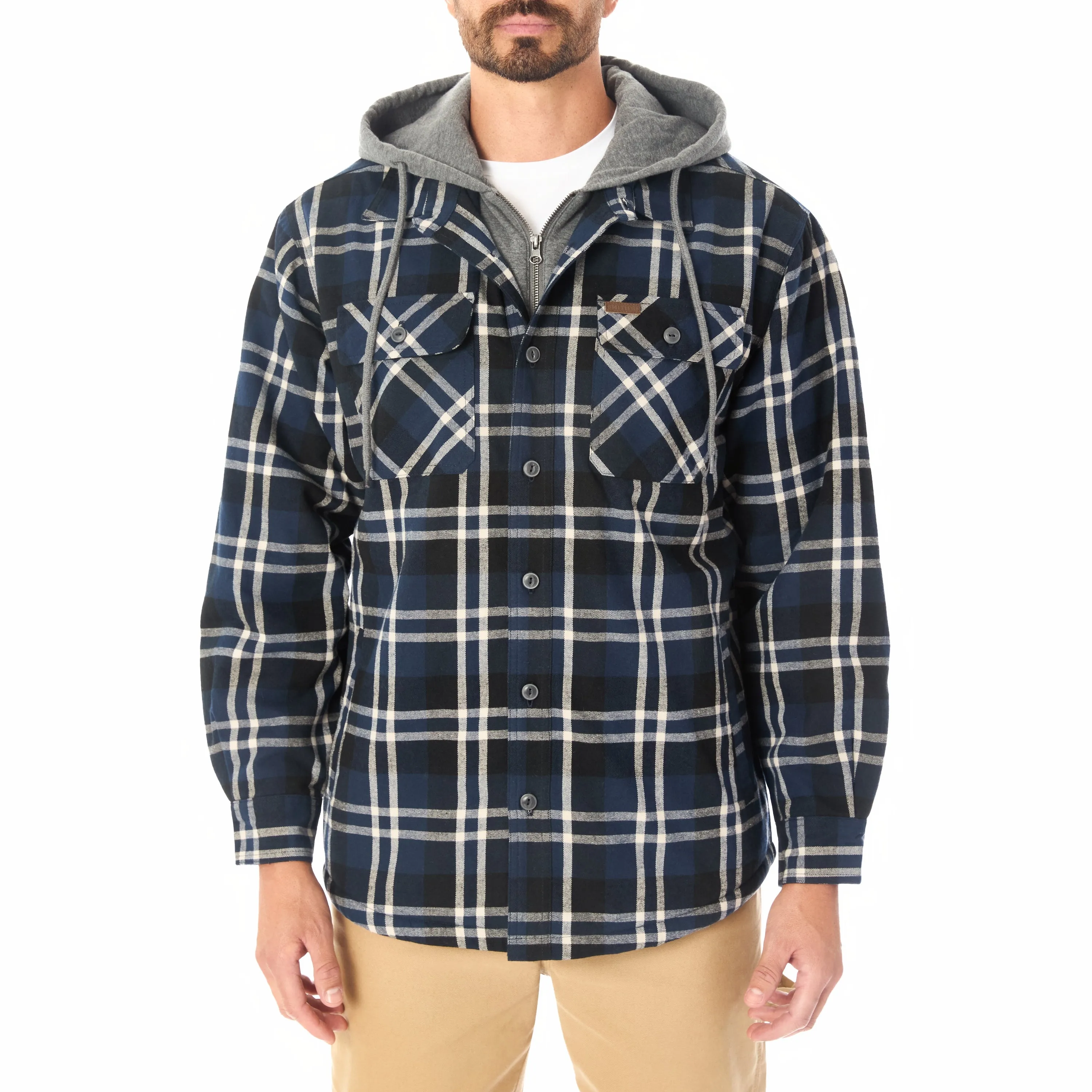 SHERPA LINED HOODED FLANNEL SHIRT JACKET WITH INSET