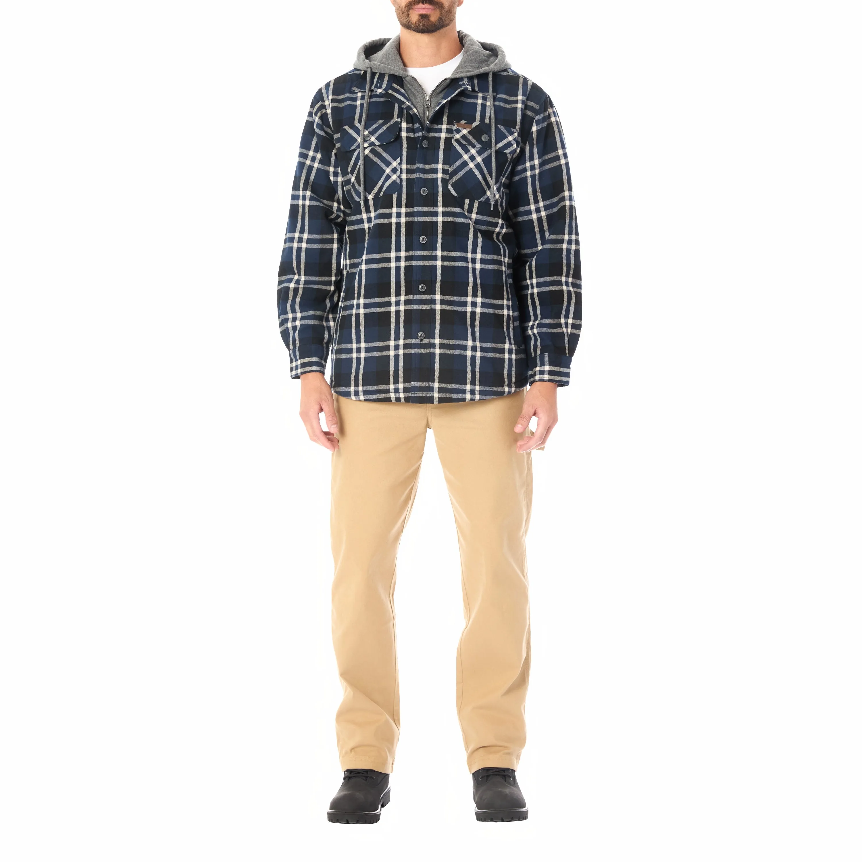 SHERPA LINED HOODED FLANNEL SHIRT JACKET WITH INSET