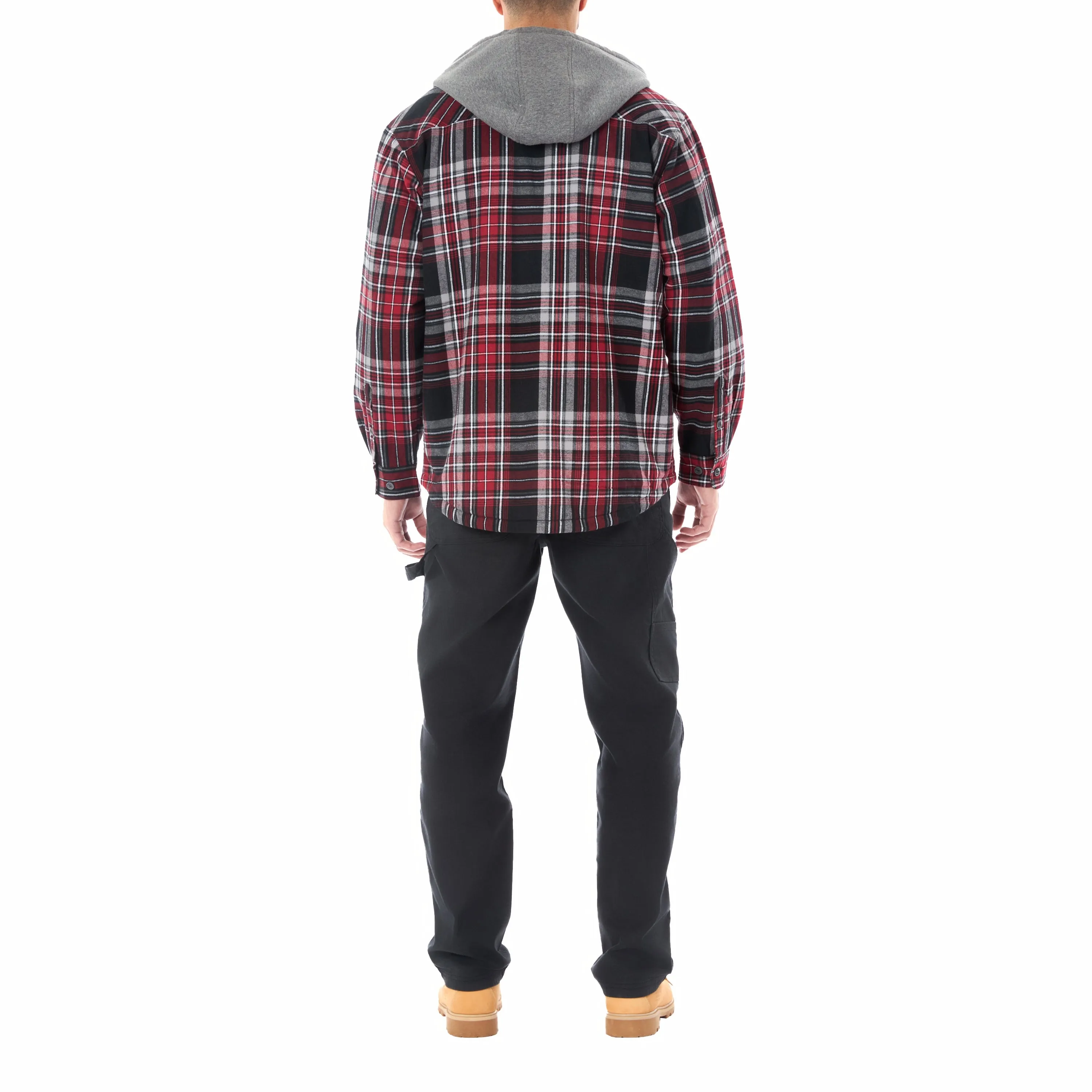 SHERPA LINED HOODED FLANNEL SHIRT JACKET WITH INSET