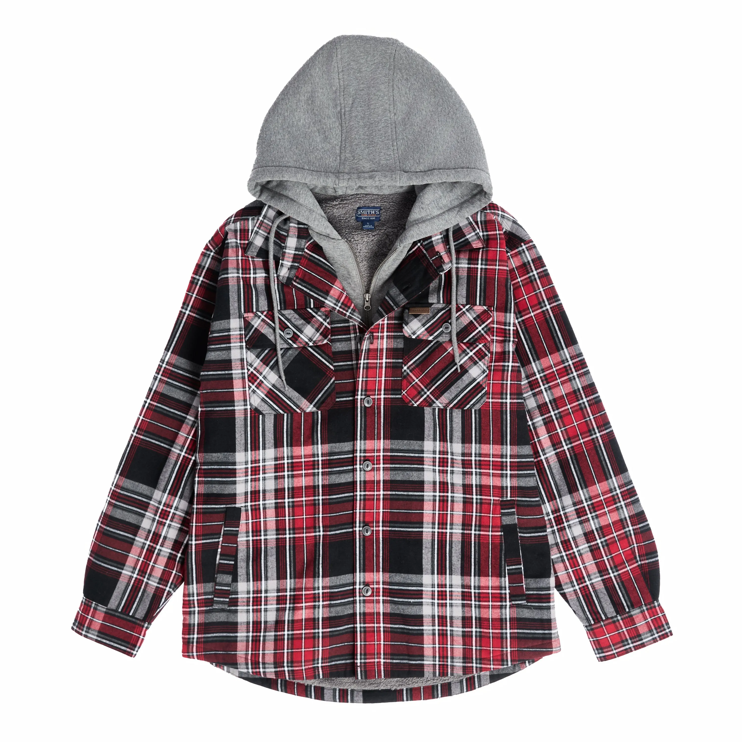 SHERPA LINED HOODED FLANNEL SHIRT JACKET WITH INSET