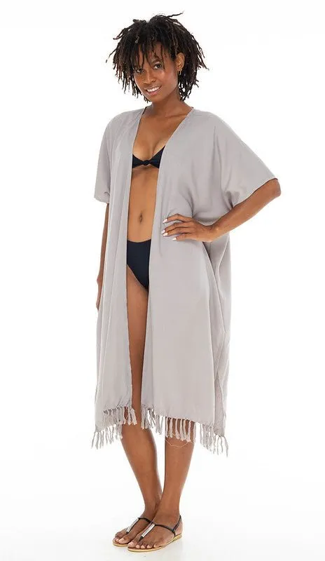 SHU-SHI Womens Kimono Cardigan Fringe Swimwear Robe Beach Open Front Solid Color