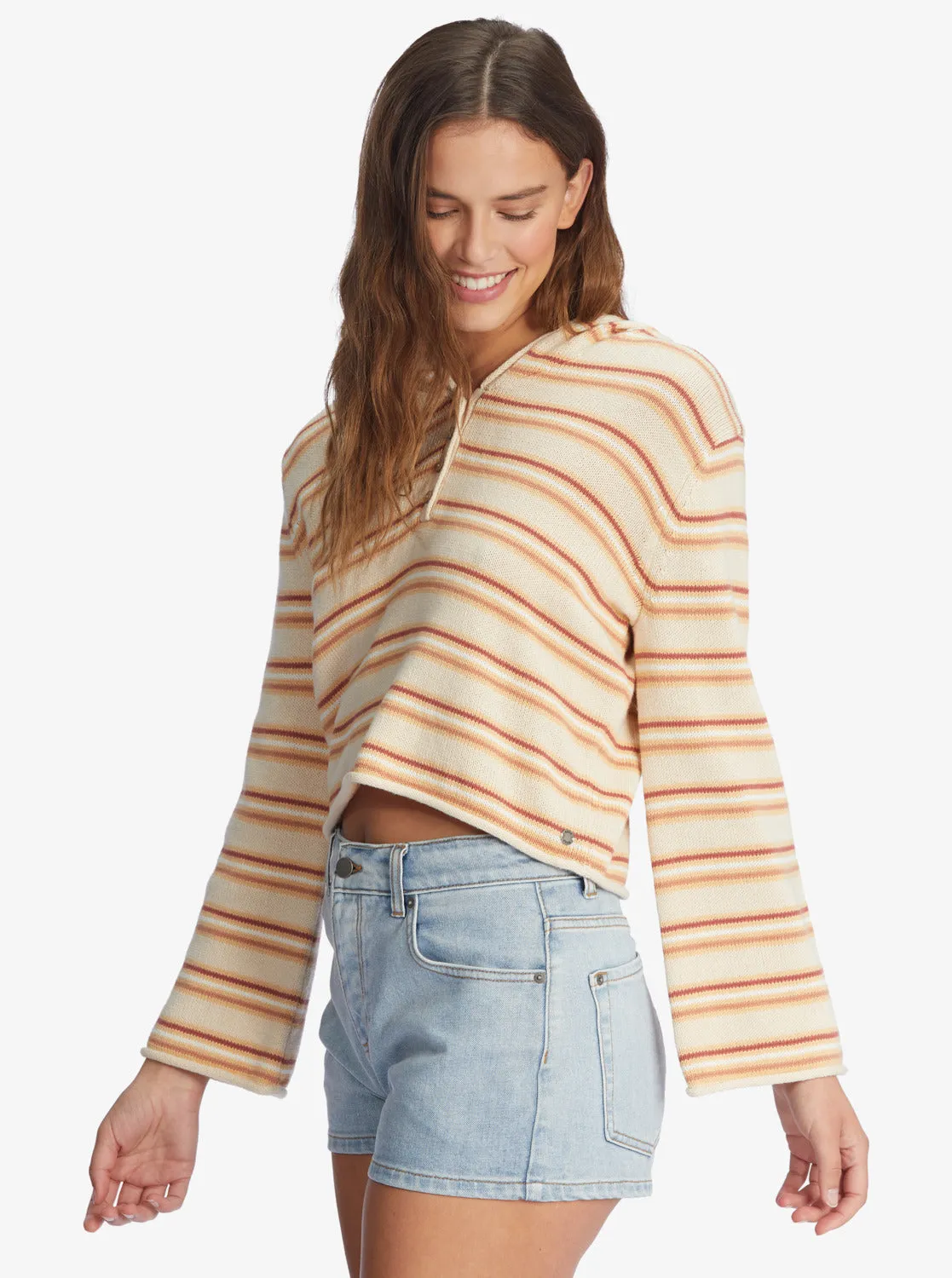 Side Swipe Poncho Hoodie - Tapioca Retro Rays Stripe