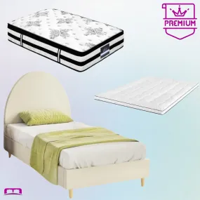 Single Premium Package | Ella Arched Bed Frame Cream Velvet, Algarve Euro Top Pocket Spring Mattress (Medium Firm) & Pillowtop Mattress Topper