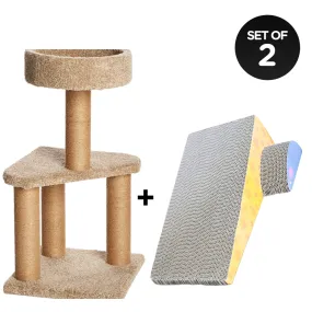 Skatrs Feline Fortress Two Tier Cat Tree with Sisal Post and Say Cheese Cat Scratcher with 2g Premium Catnip Combo