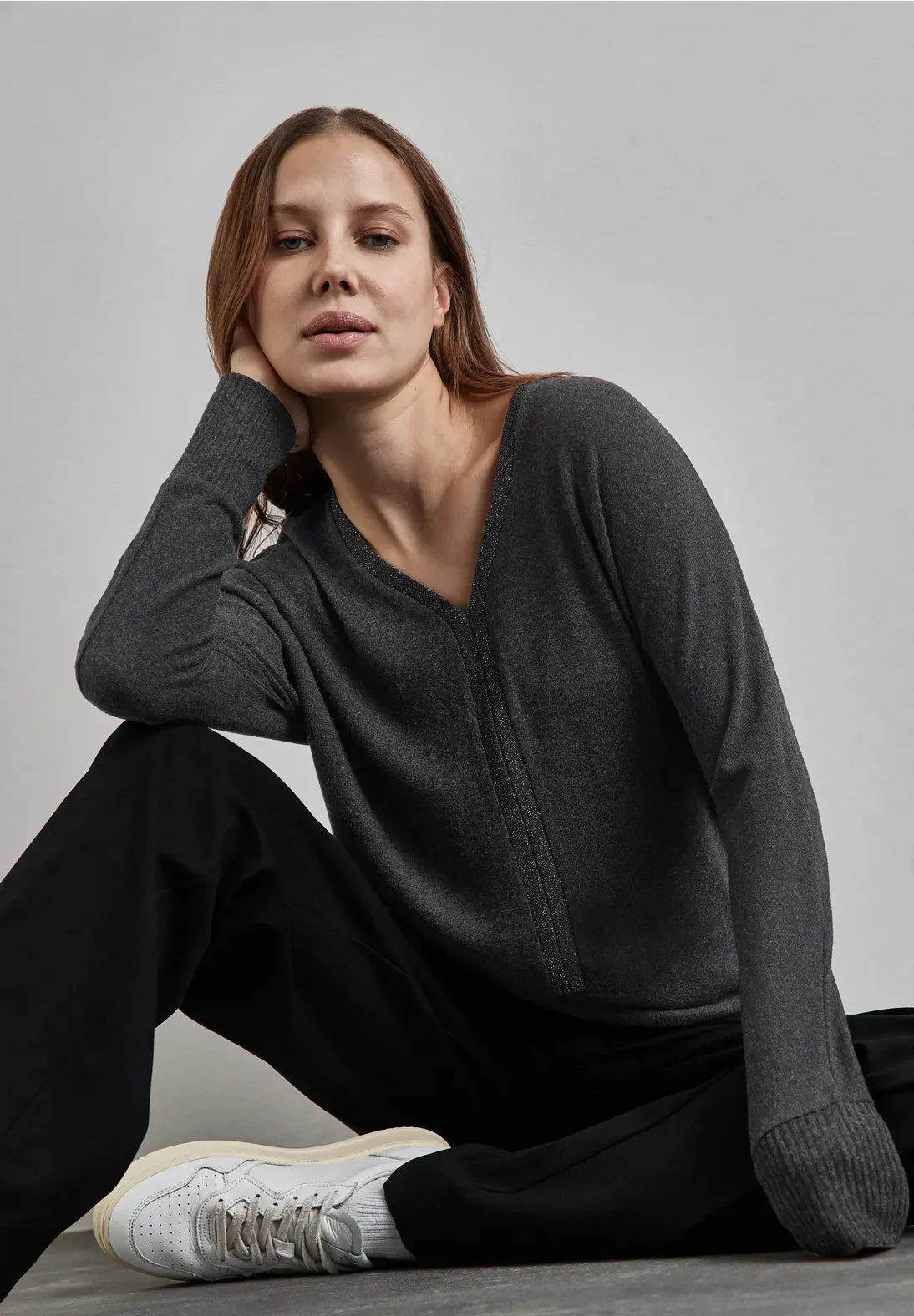 Street One Charcoal V neck Jumper with Lurex trim 322309