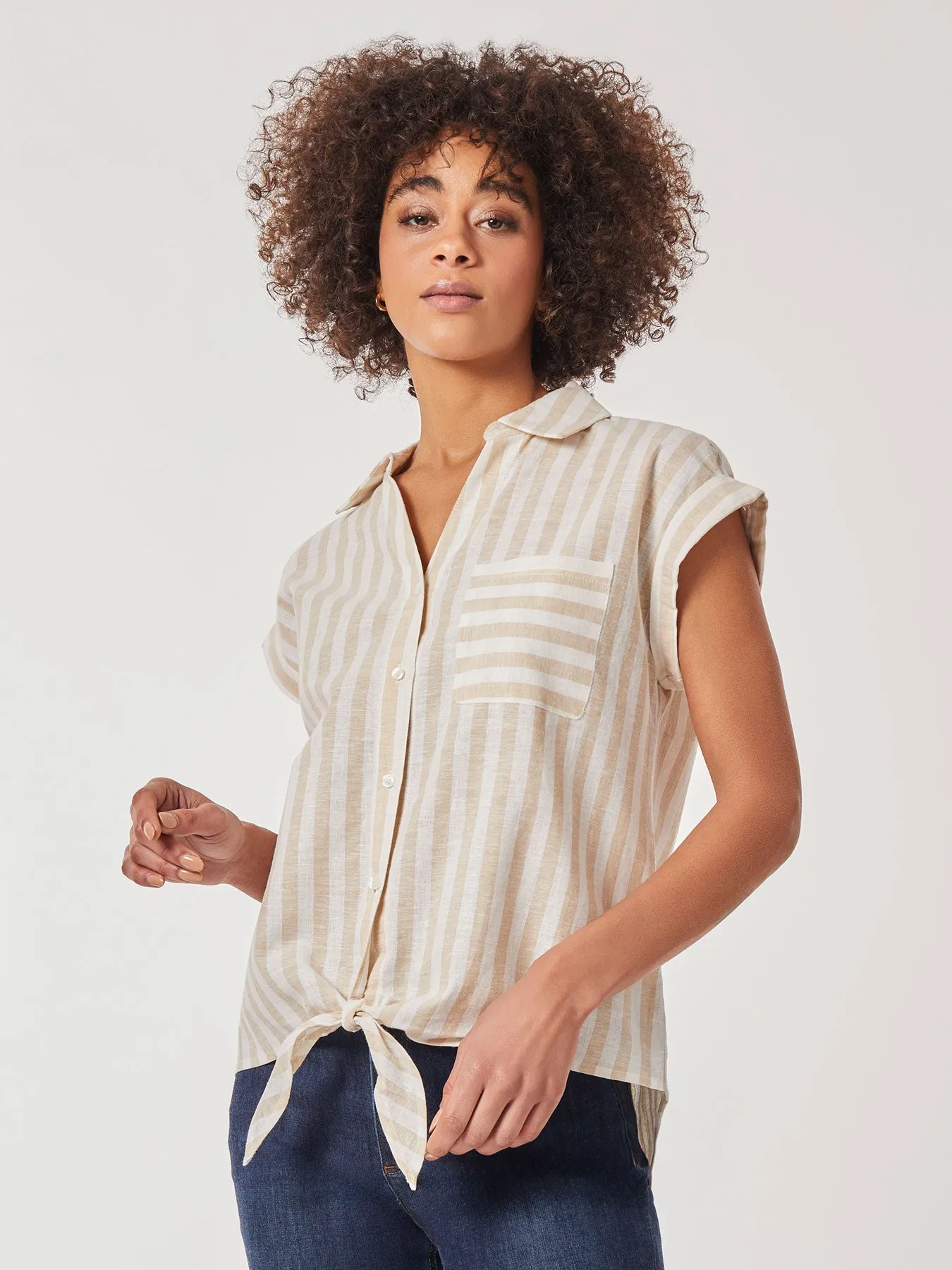 Striped Tie-Front Button-Down Blouse