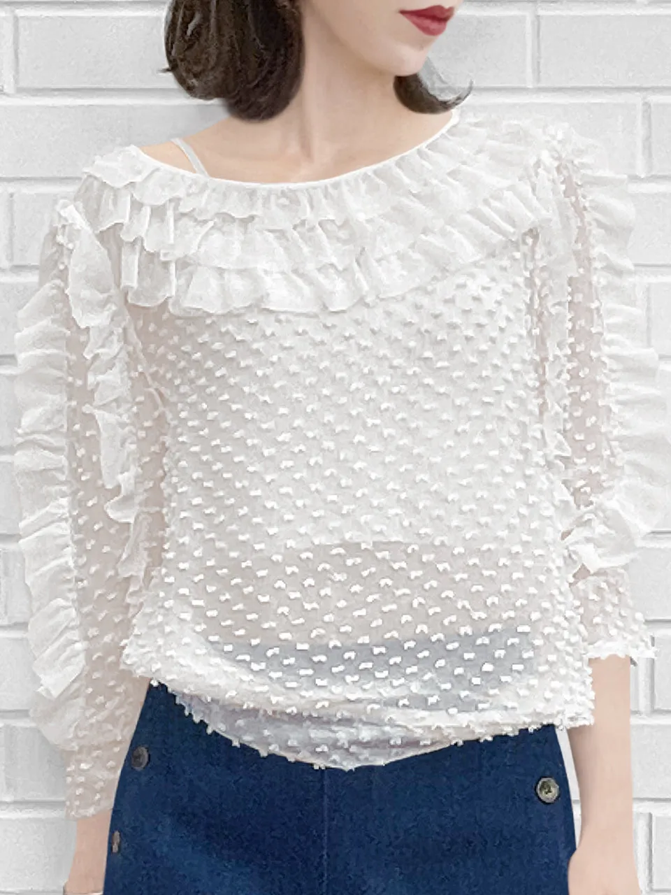 Surprise Sale! White Clip Dot Ruffle Smocked Hem Silk Top