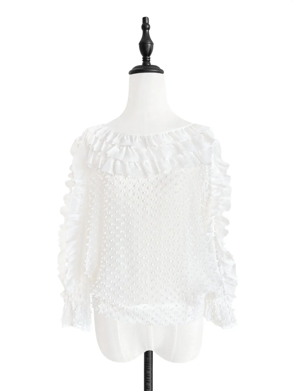 Surprise Sale! White Clip Dot Ruffle Smocked Hem Silk Top