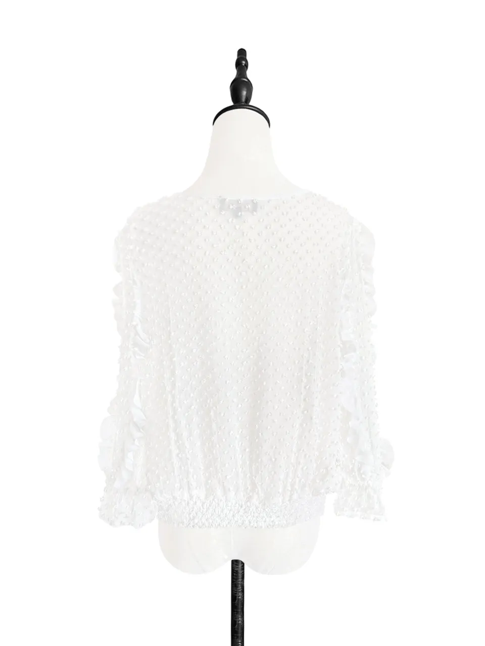 Surprise Sale! White Clip Dot Ruffle Smocked Hem Silk Top