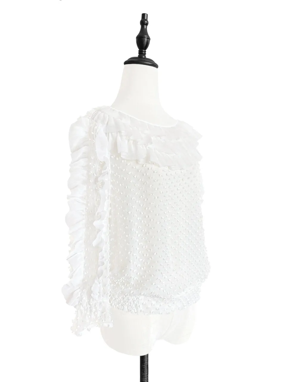 Surprise Sale! White Clip Dot Ruffle Smocked Hem Silk Top