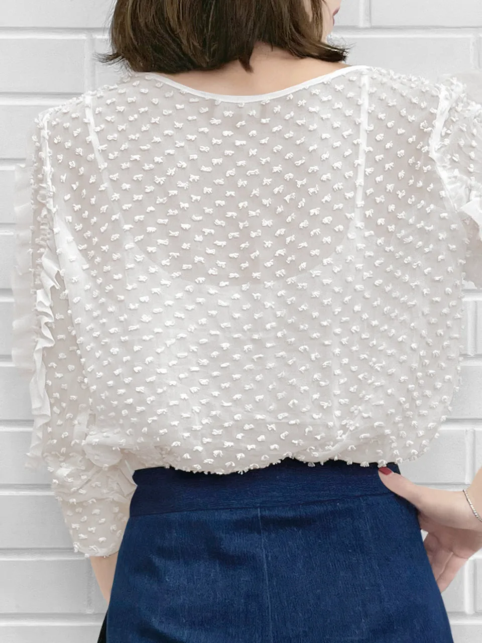 Surprise Sale! White Clip Dot Ruffle Smocked Hem Silk Top