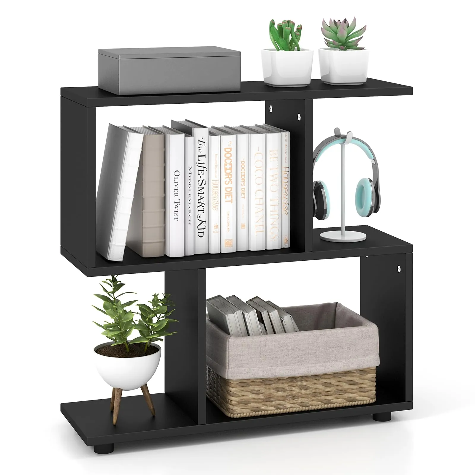 Tangkula 2 Tier Geometric Bookshelf, Freestanding Wood Display Shelf