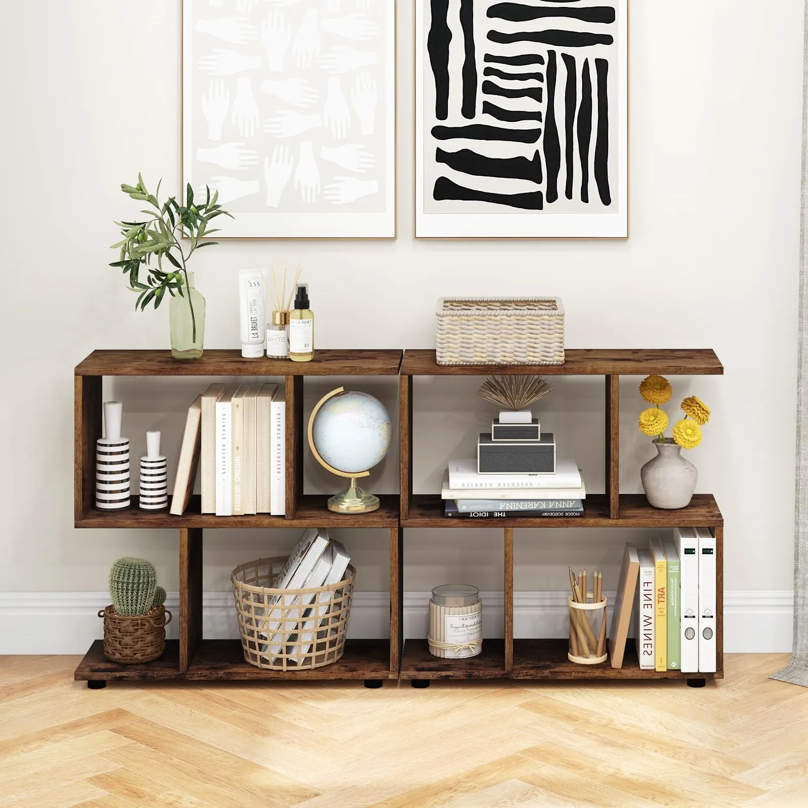 Tangkula 2 Tier Geometric Bookshelf, Freestanding Wood Display Shelf