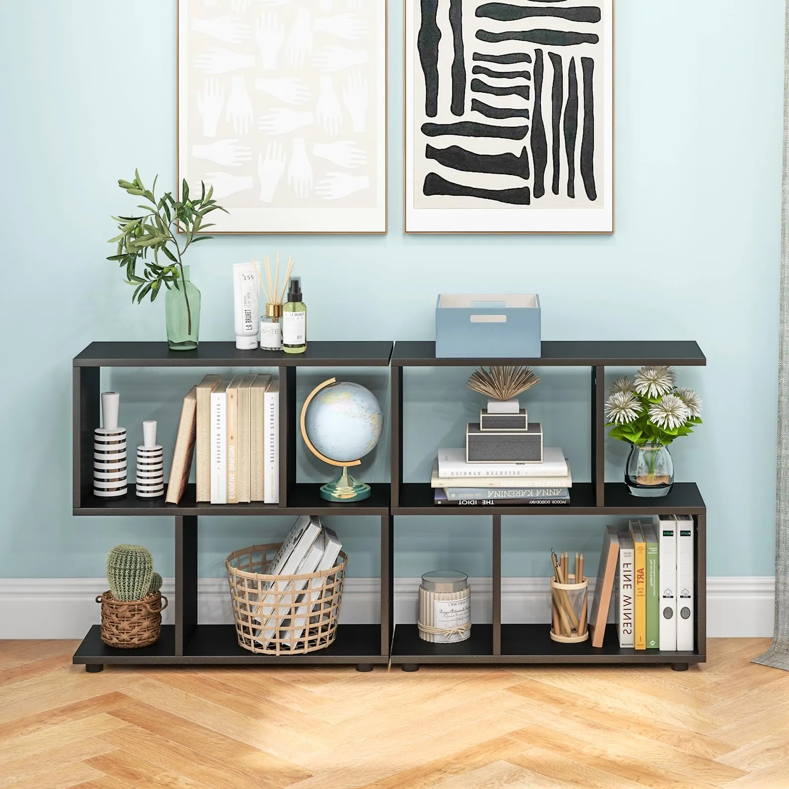 Tangkula 2 Tier Geometric Bookshelf, Freestanding Wood Display Shelf