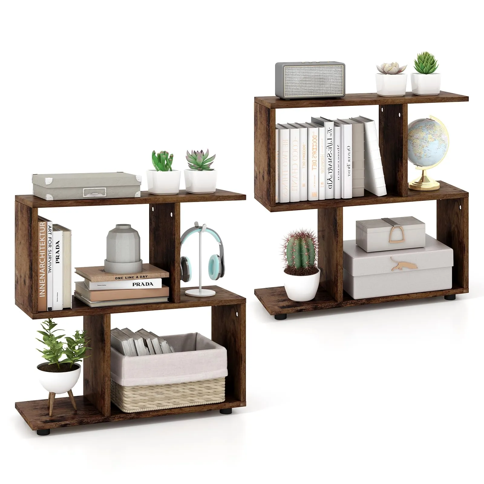 Tangkula 2 Tier Geometric Bookshelf, Freestanding Wood Display Shelf