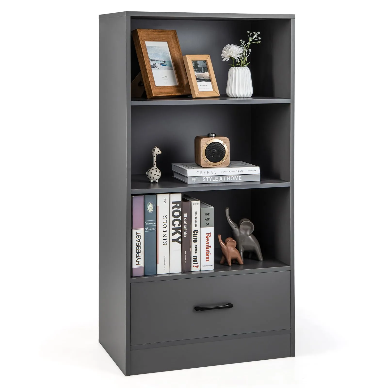 Tangkula 3 Tier Bookcase with Drawer, 48”Tall Freestanding Bookshelf