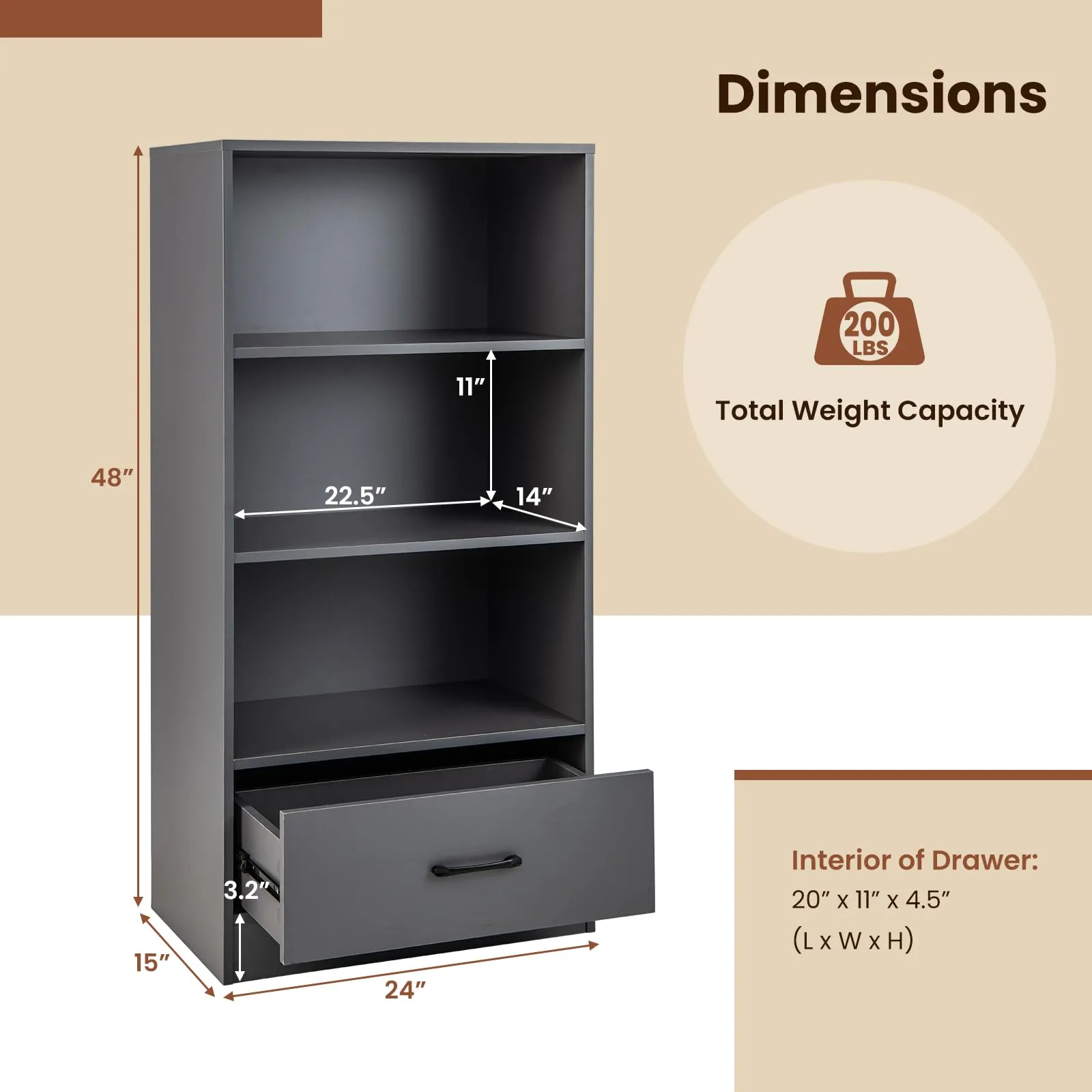 Tangkula 3 Tier Bookcase with Drawer, 48”Tall Freestanding Bookshelf