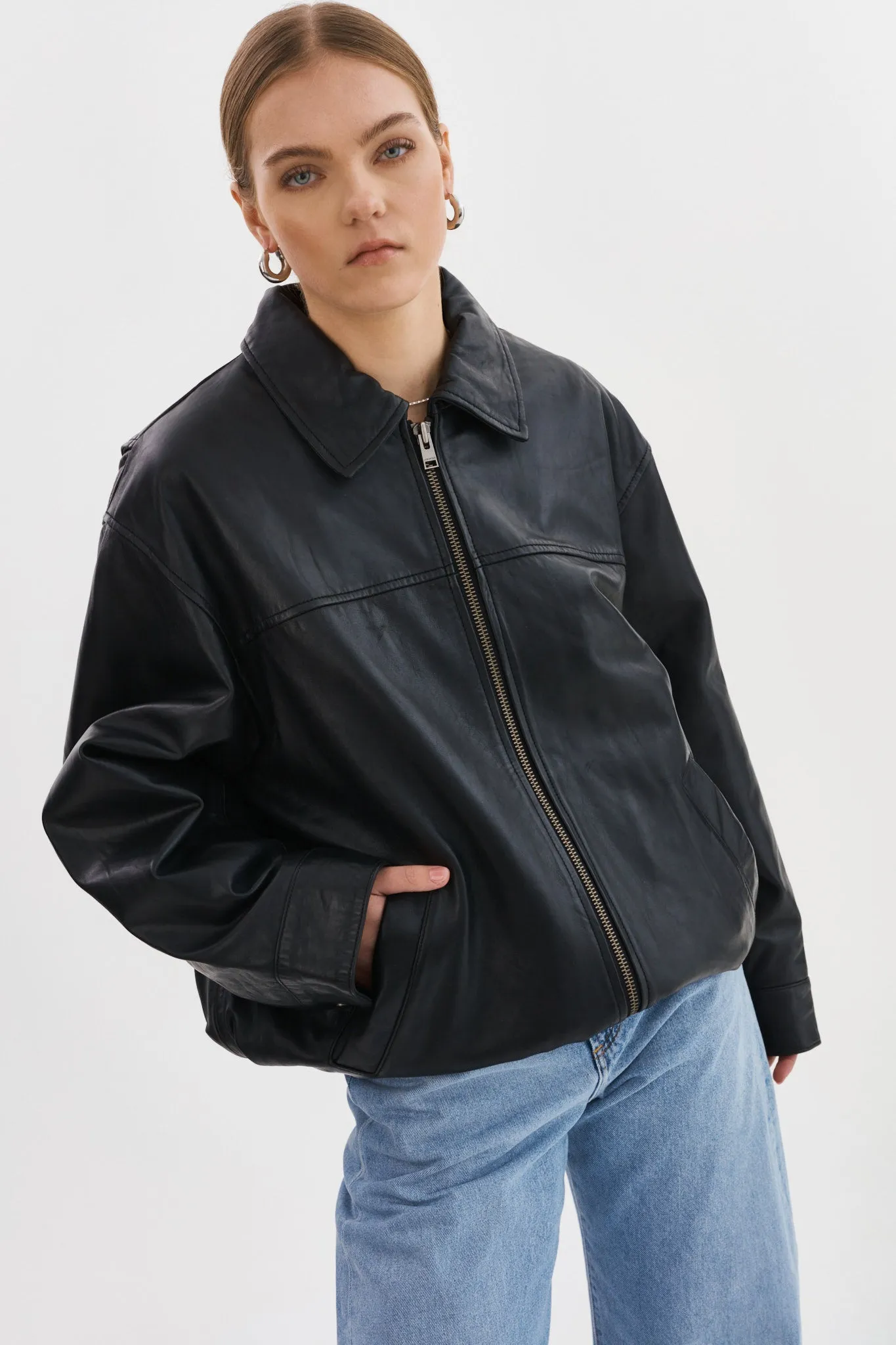 THEIA | Leather Bomber Jacket