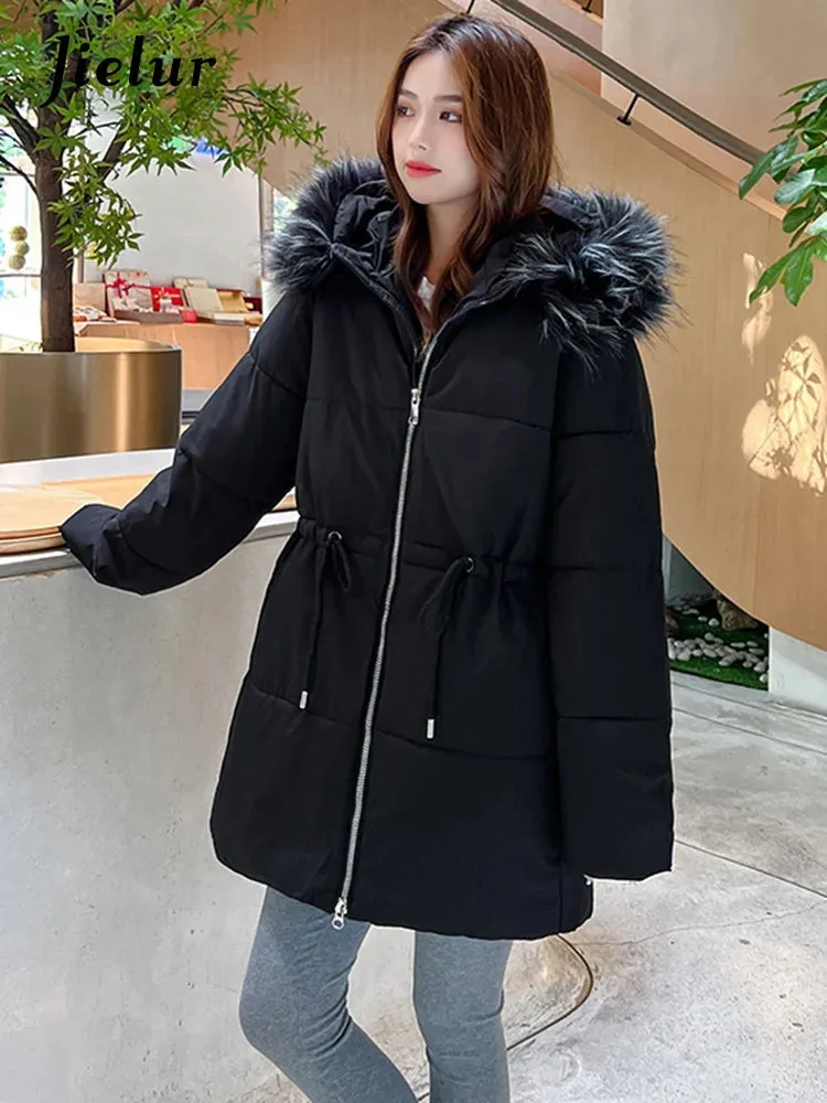 Thicken Slim-waist Cotton Jacket for Women Korean Winter Warm Mid Length Woman Parkas Fur Hooded White Coat Female M-XXL