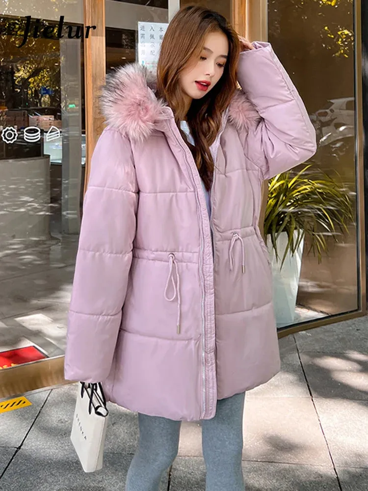 Thicken Slim-waist Cotton Jacket for Women Korean Winter Warm Mid Length Woman Parkas Fur Hooded White Coat Female M-XXL