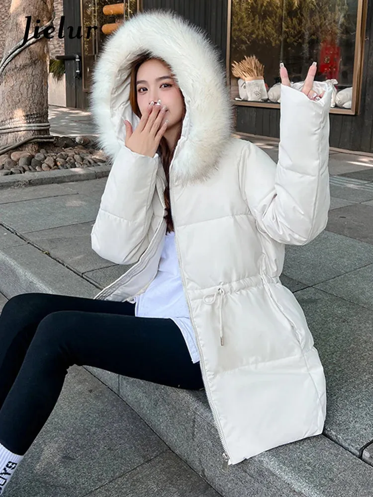 Thicken Slim-waist Cotton Jacket for Women Korean Winter Warm Mid Length Woman Parkas Fur Hooded White Coat Female M-XXL