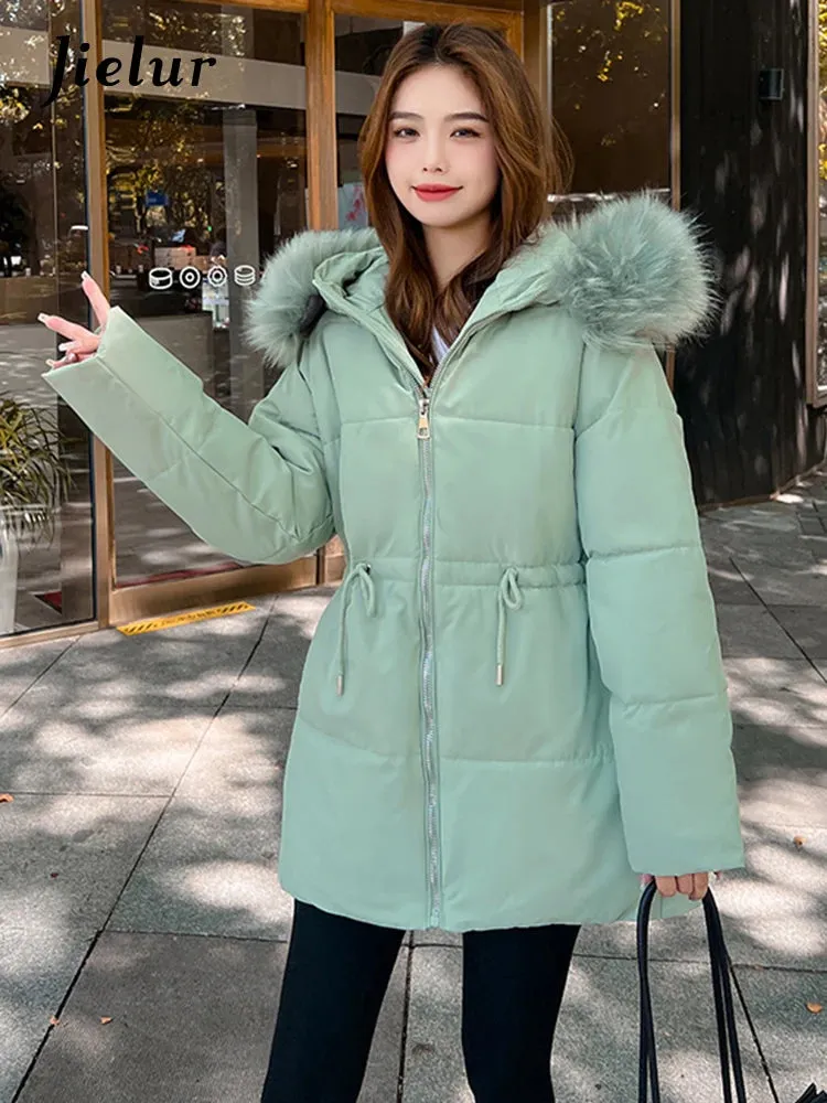 Thicken Slim-waist Cotton Jacket for Women Korean Winter Warm Mid Length Woman Parkas Fur Hooded White Coat Female M-XXL