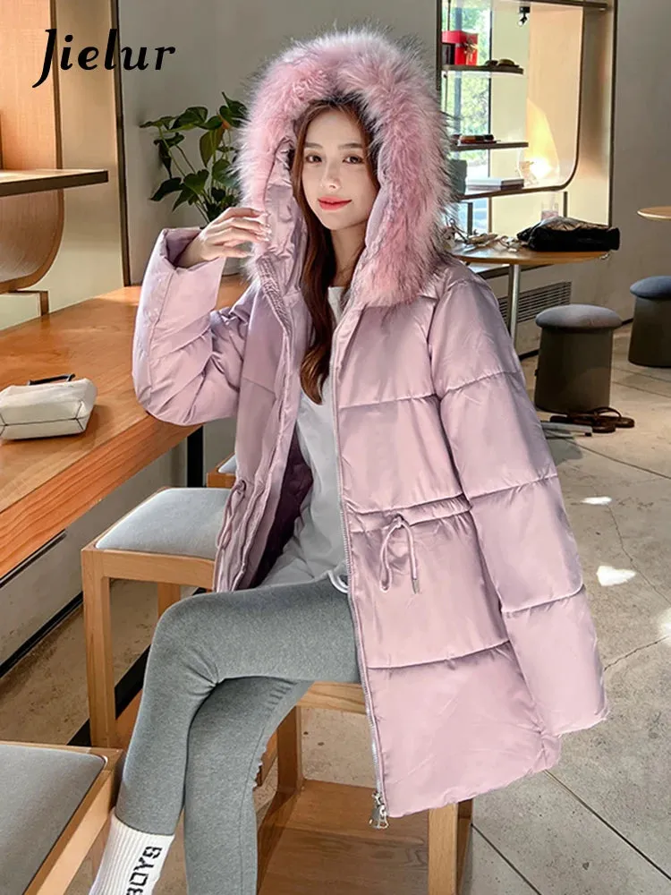 Thicken Slim-waist Cotton Jacket for Women Korean Winter Warm Mid Length Woman Parkas Fur Hooded White Coat Female M-XXL