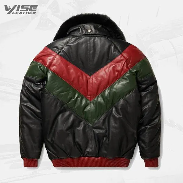 Tri-Color V-Bomber Leather Jacket in Red, Green, and Black