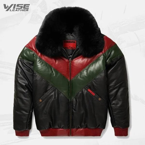 Tri-Color V-Bomber Leather Jacket in Red, Green, and Black