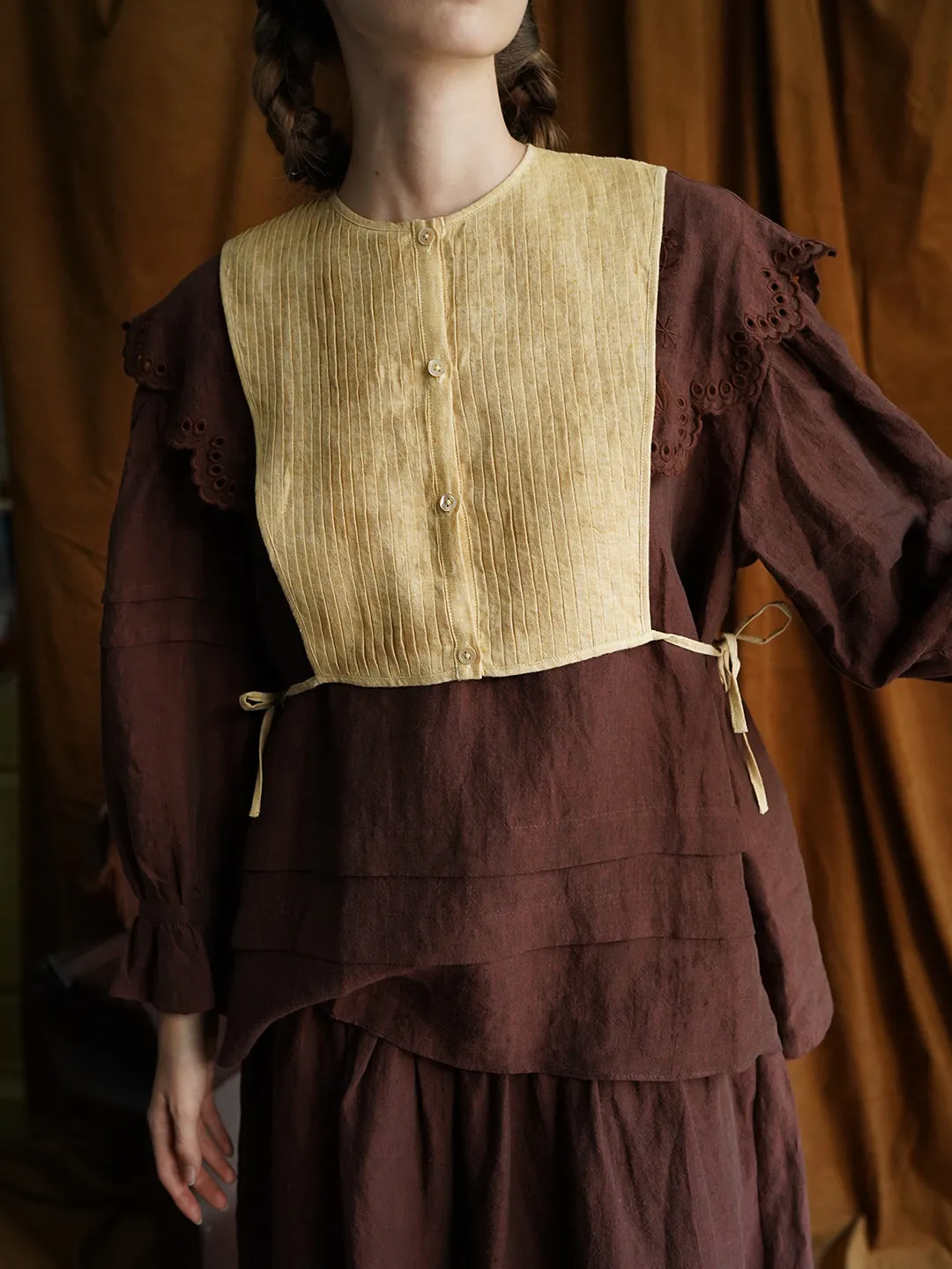 Unlogical Poem Vintage style Pleated Yellow Hemp Smock