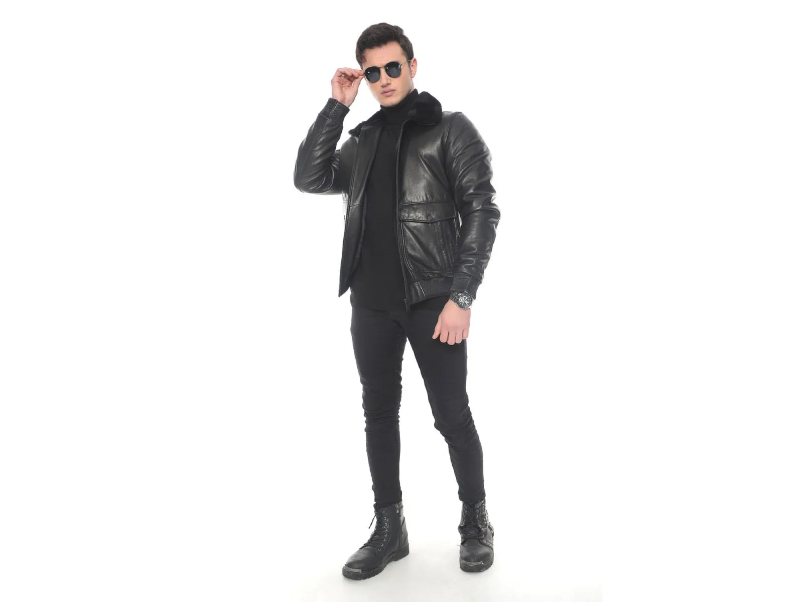 Urban Noir Leather Bomber with Fox Fur Collar