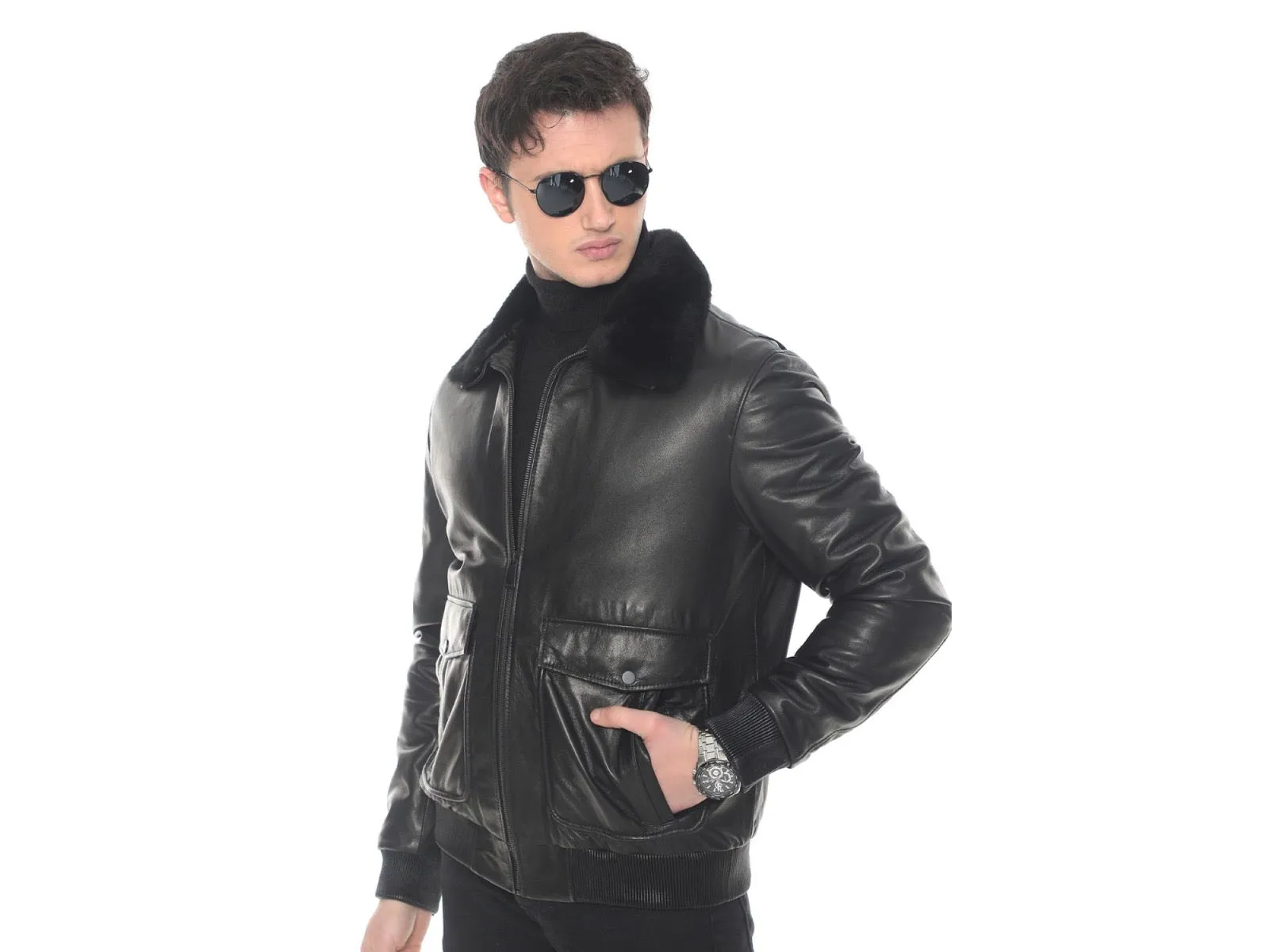 Urban Noir Leather Bomber with Fox Fur Collar