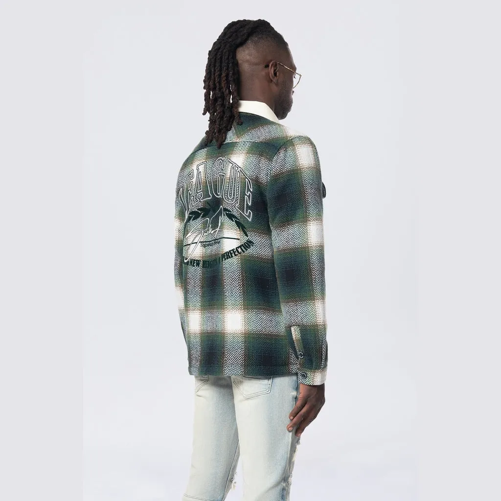 Vegan Leather Collar Plaid Shacket - Spruce