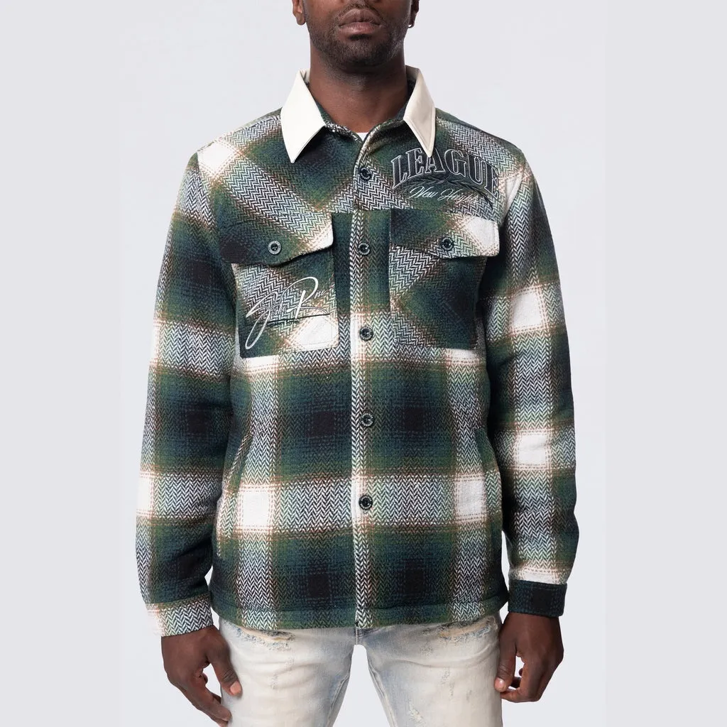 Vegan Leather Collar Plaid Shacket - Spruce