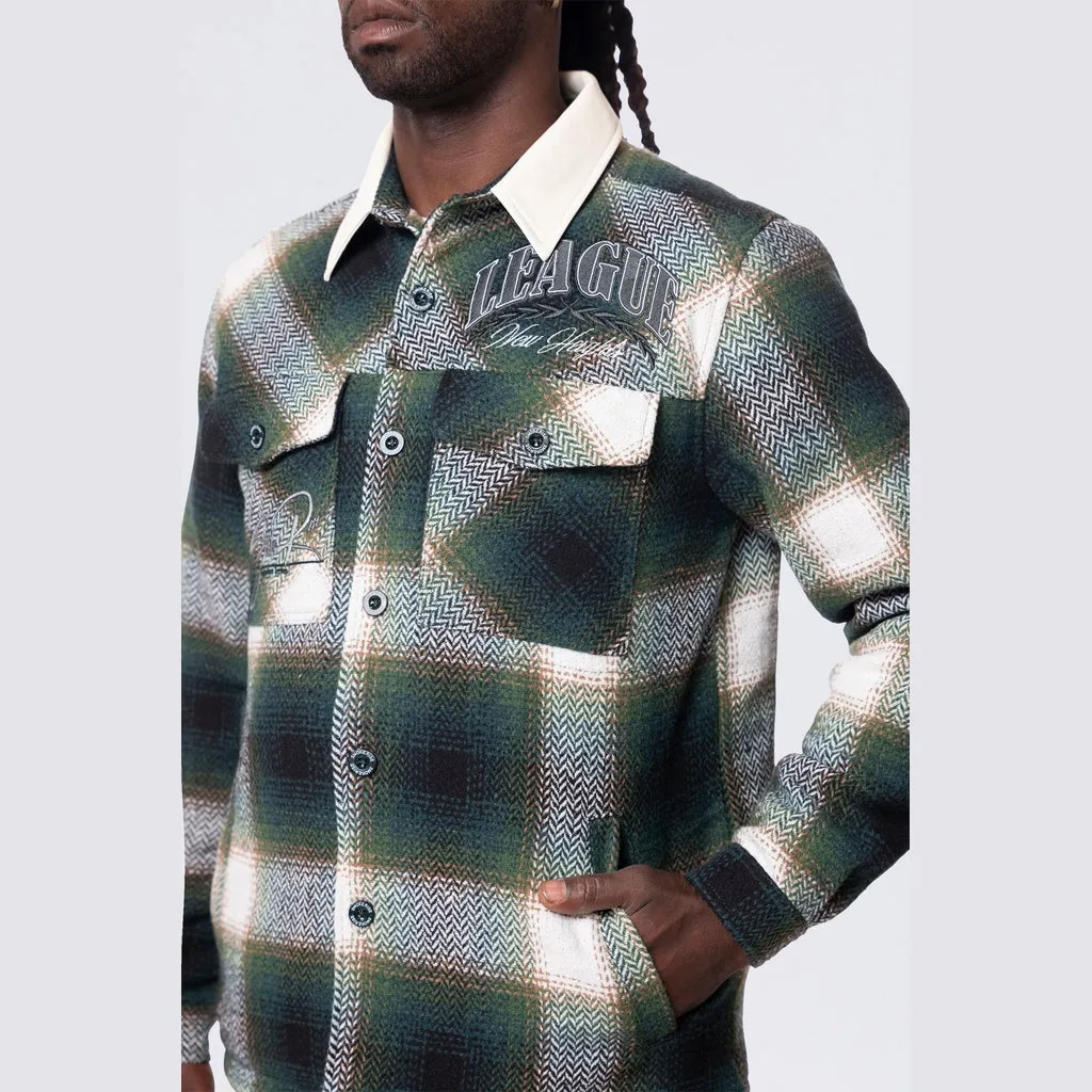 Vegan Leather Collar Plaid Shacket - Spruce