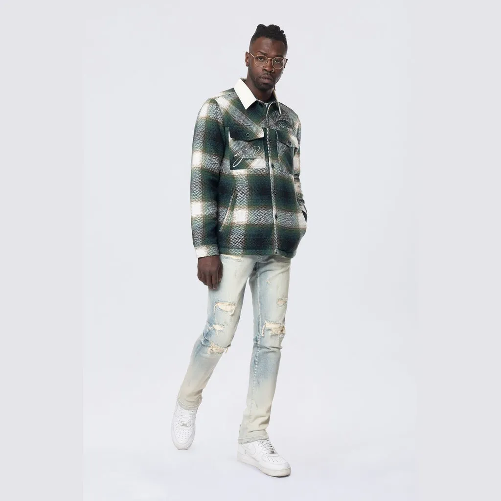 Vegan Leather Collar Plaid Shacket - Spruce