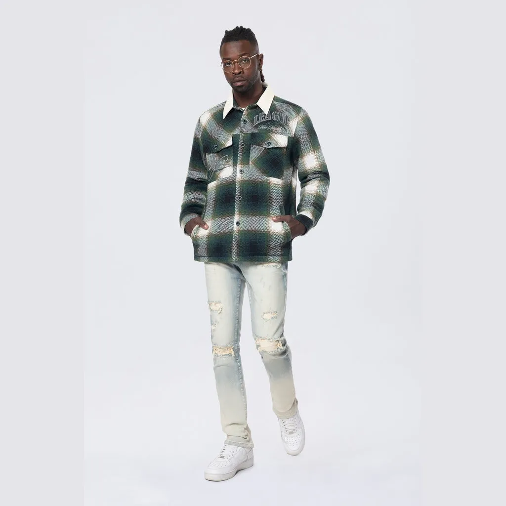 Vegan Leather Collar Plaid Shacket - Spruce