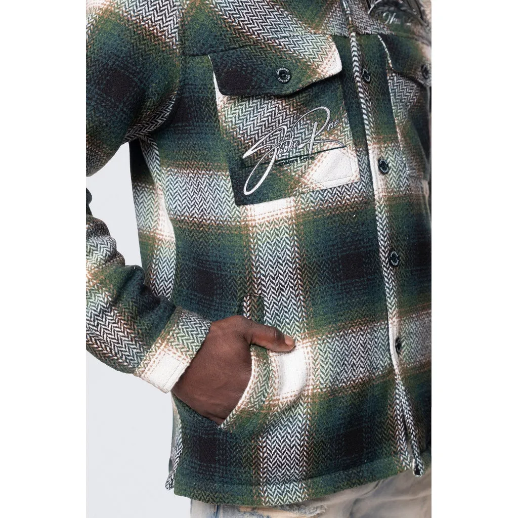 Vegan Leather Collar Plaid Shacket - Spruce