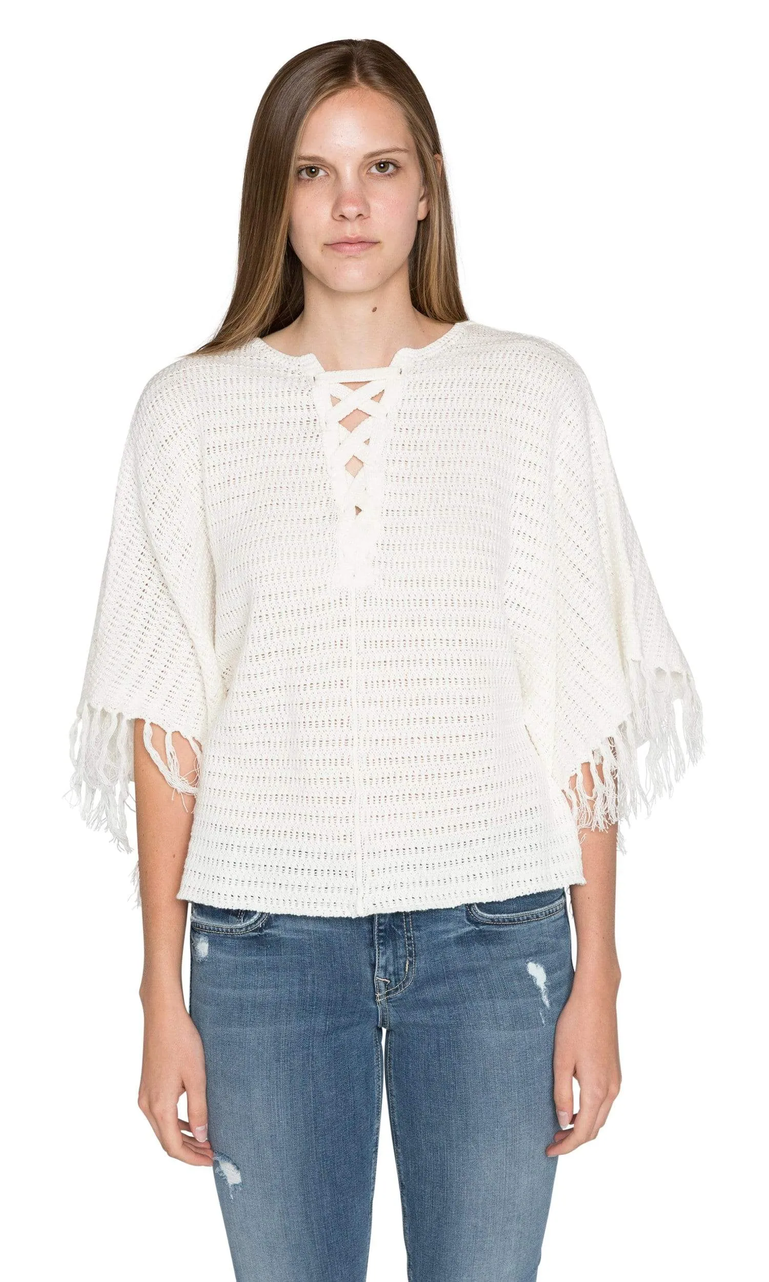 Velvet by Graham & Spencer Ashlie Crochet Knit Fringe Sleeve Sweater