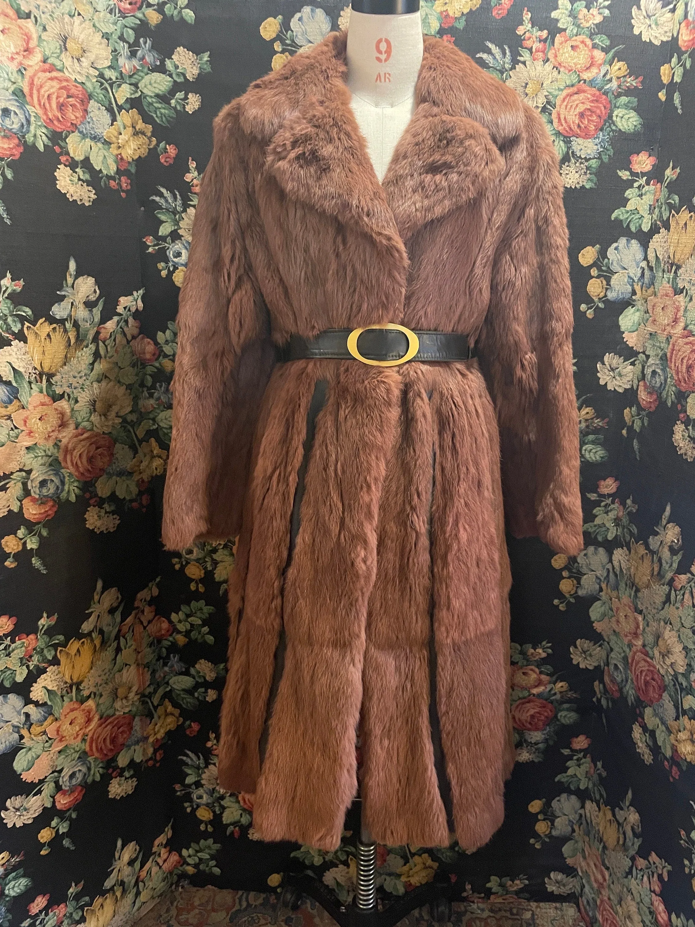 Vintage fur and leather coat auburn dark brown y2k style large gold buckle belt autumn fall winter jacket UK 12 Rabbit Real Coney Fur