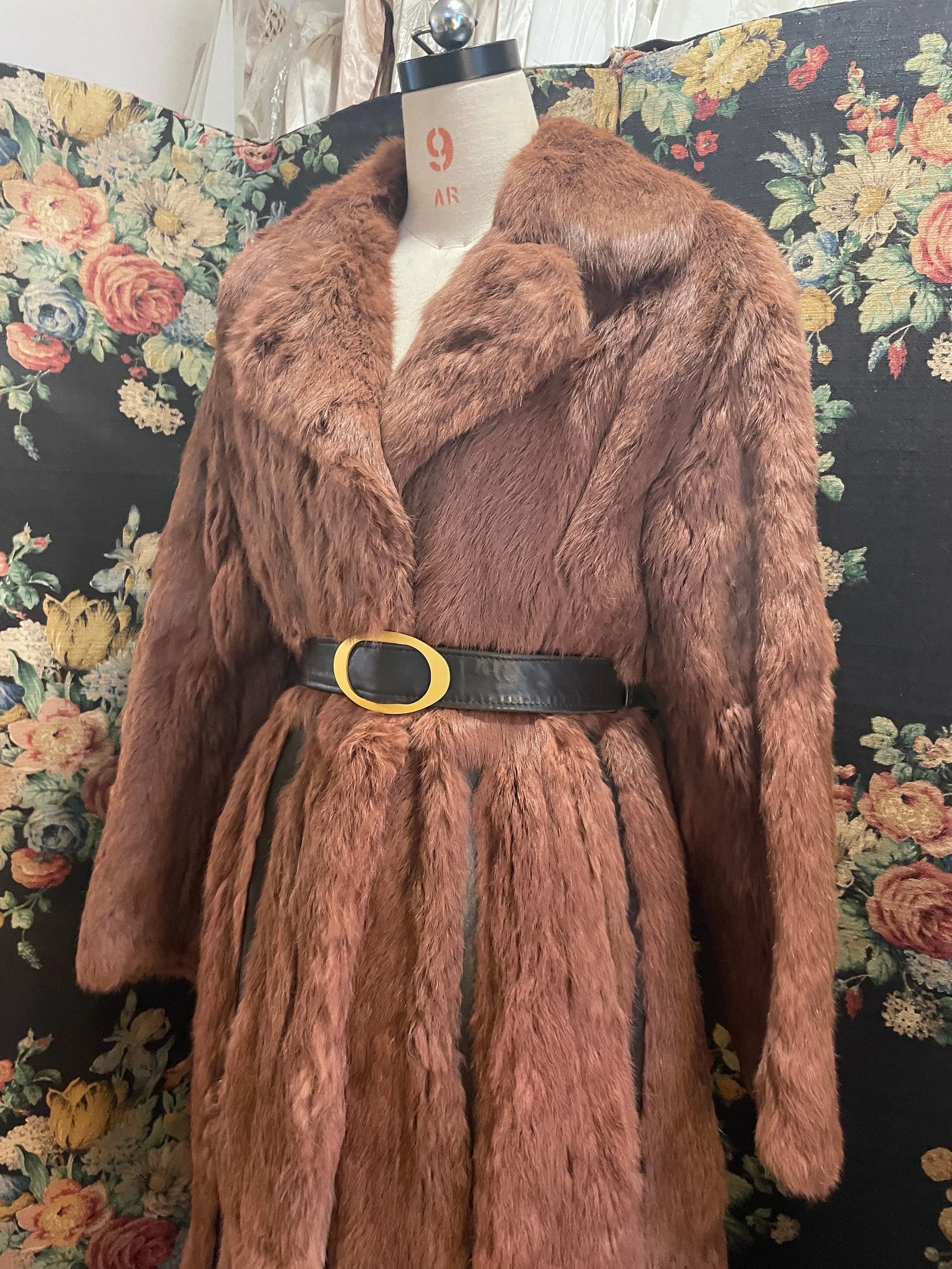 Vintage fur and leather coat auburn dark brown y2k style large gold buckle belt autumn fall winter jacket UK 12 Rabbit Real Coney Fur