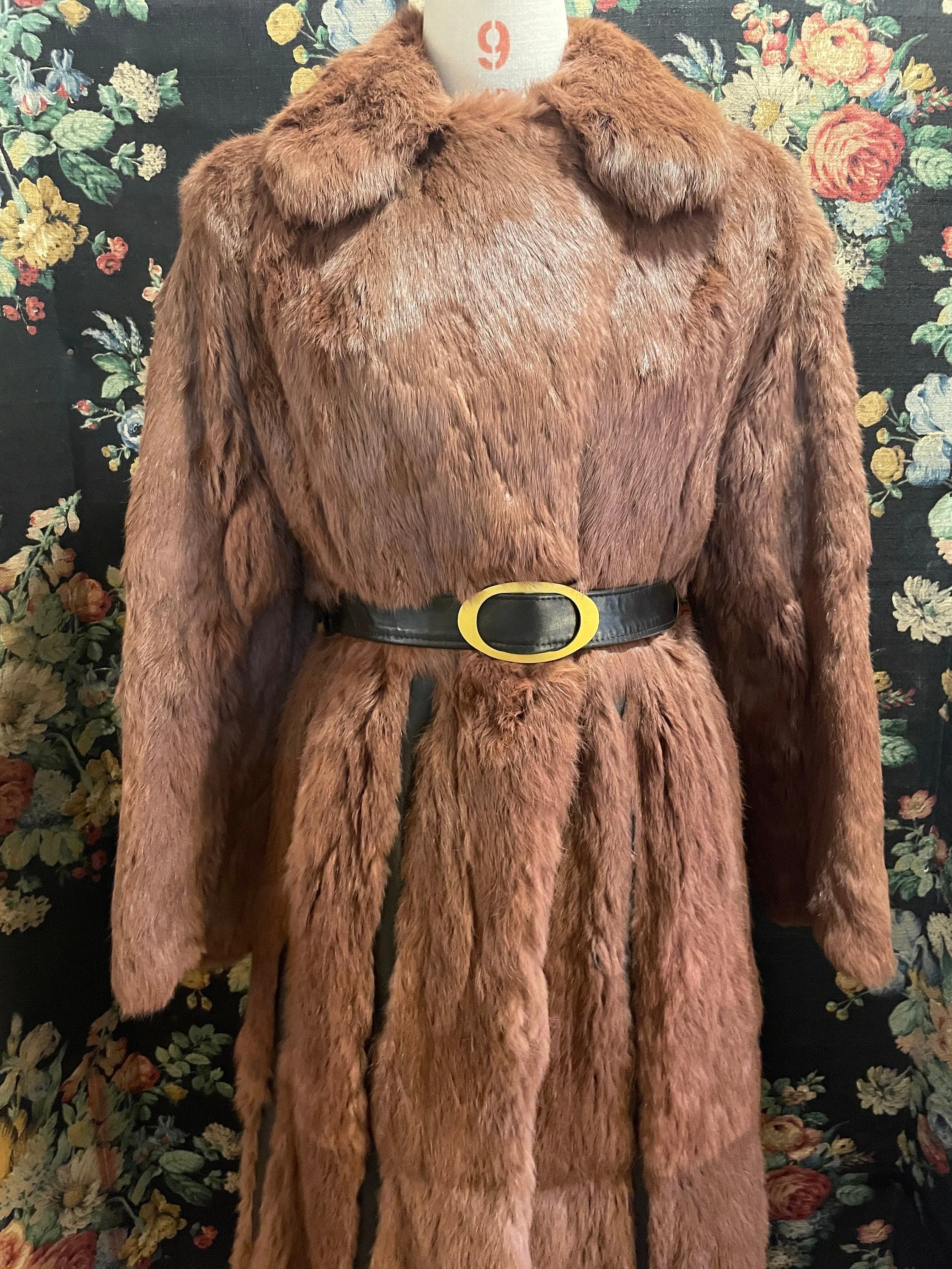 Vintage fur and leather coat auburn dark brown y2k style large gold buckle belt autumn fall winter jacket UK 12 Rabbit Real Coney Fur