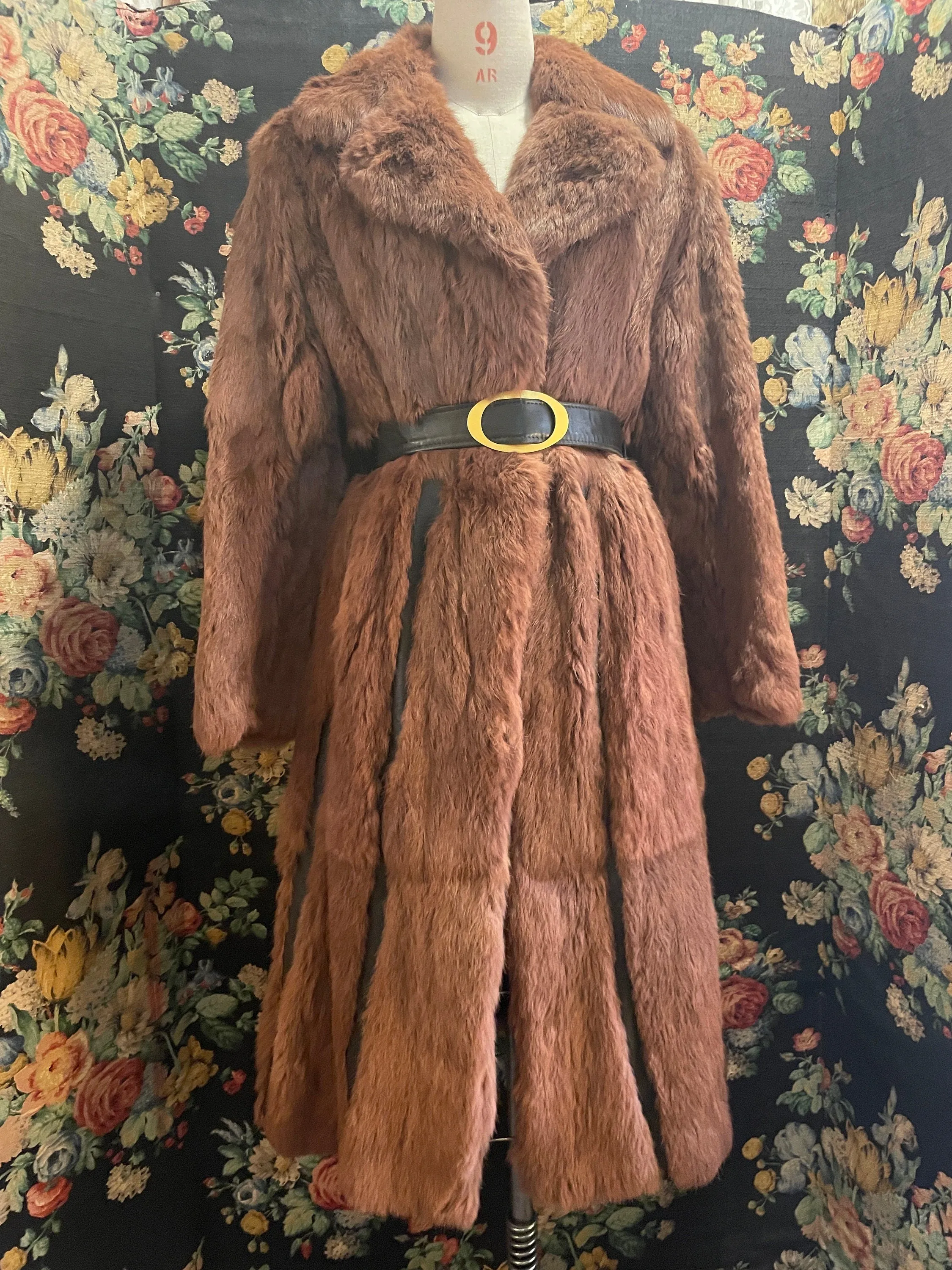 Vintage fur and leather coat auburn dark brown y2k style large gold buckle belt autumn fall winter jacket UK 12 Rabbit Real Coney Fur